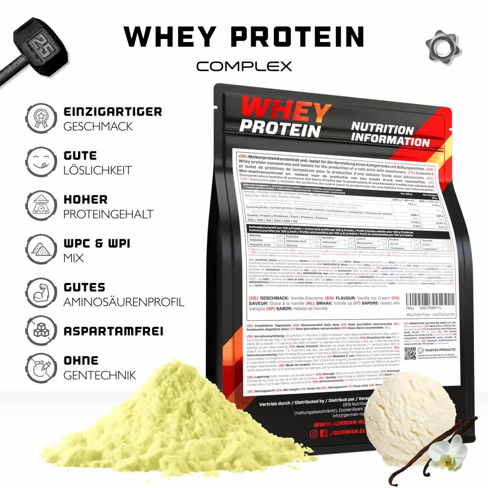 Whey Protein Komplex Beutel mit Pulver und Eiscreme. Enthält Informationen zu Geschmack, Löslichkeit, Proteingehalt und Aminosäuren.