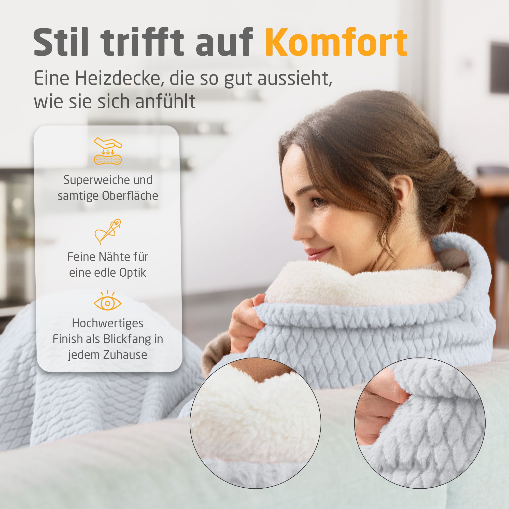 Frau mit Heizdecke. Superweiche Oberfläche. Feine Nähte. Hochwertiges Finish. Details der Decke.