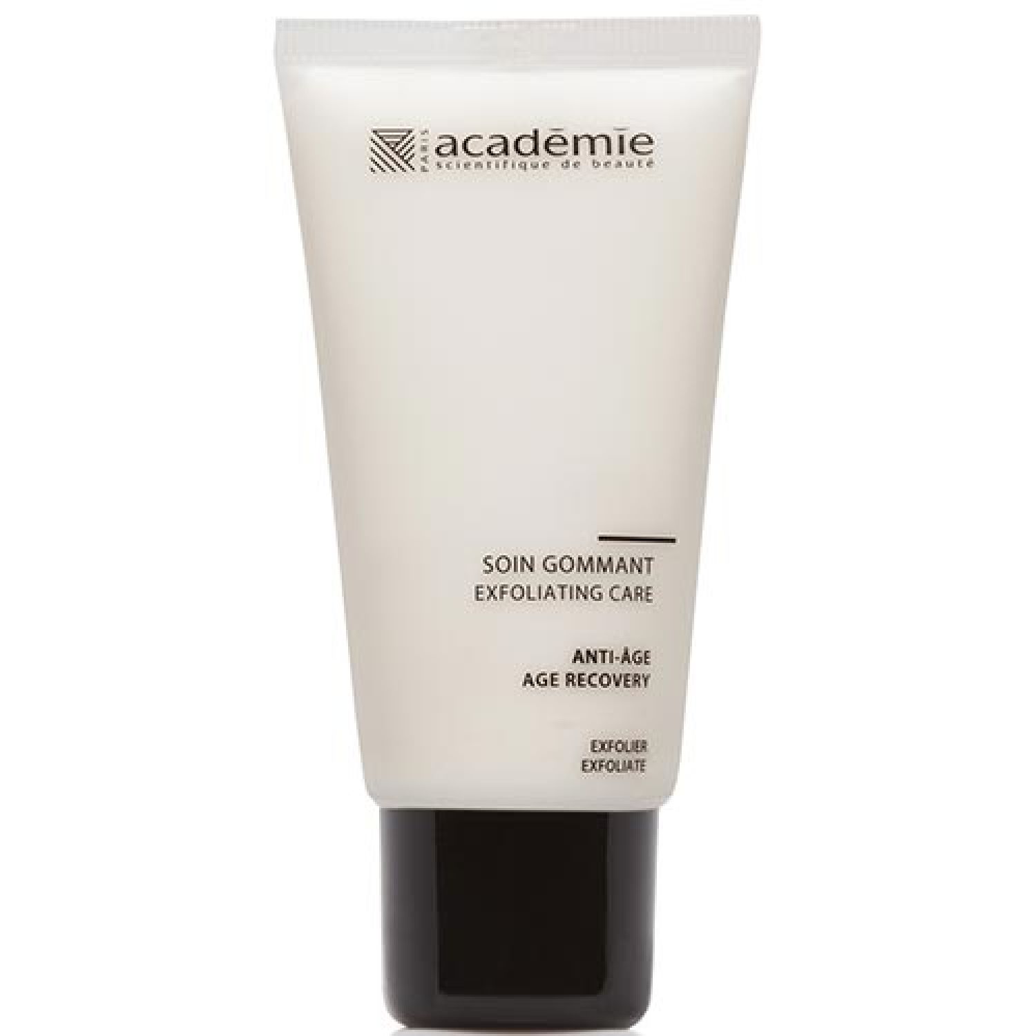 Weiß-schwarze Tube. Aufschrift: académie, Soin Gommant Exfoliating Care, Anti-Age Age Recovery, Exfolier.