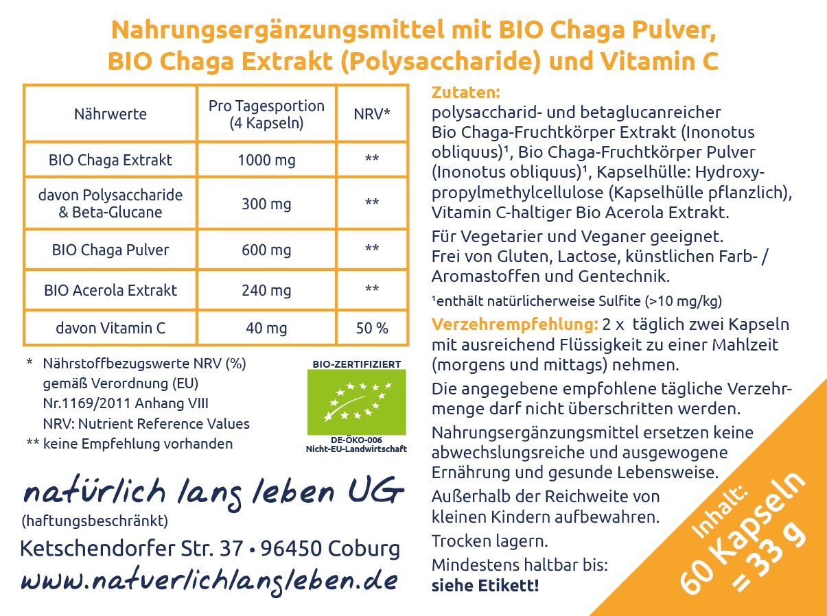 Nahrungsergänzungsmittel-Etikett mit Inhaltsstoffen und Nährwertangaben. BIO-Zertifizierung. Text: natürlich lang leben UG.