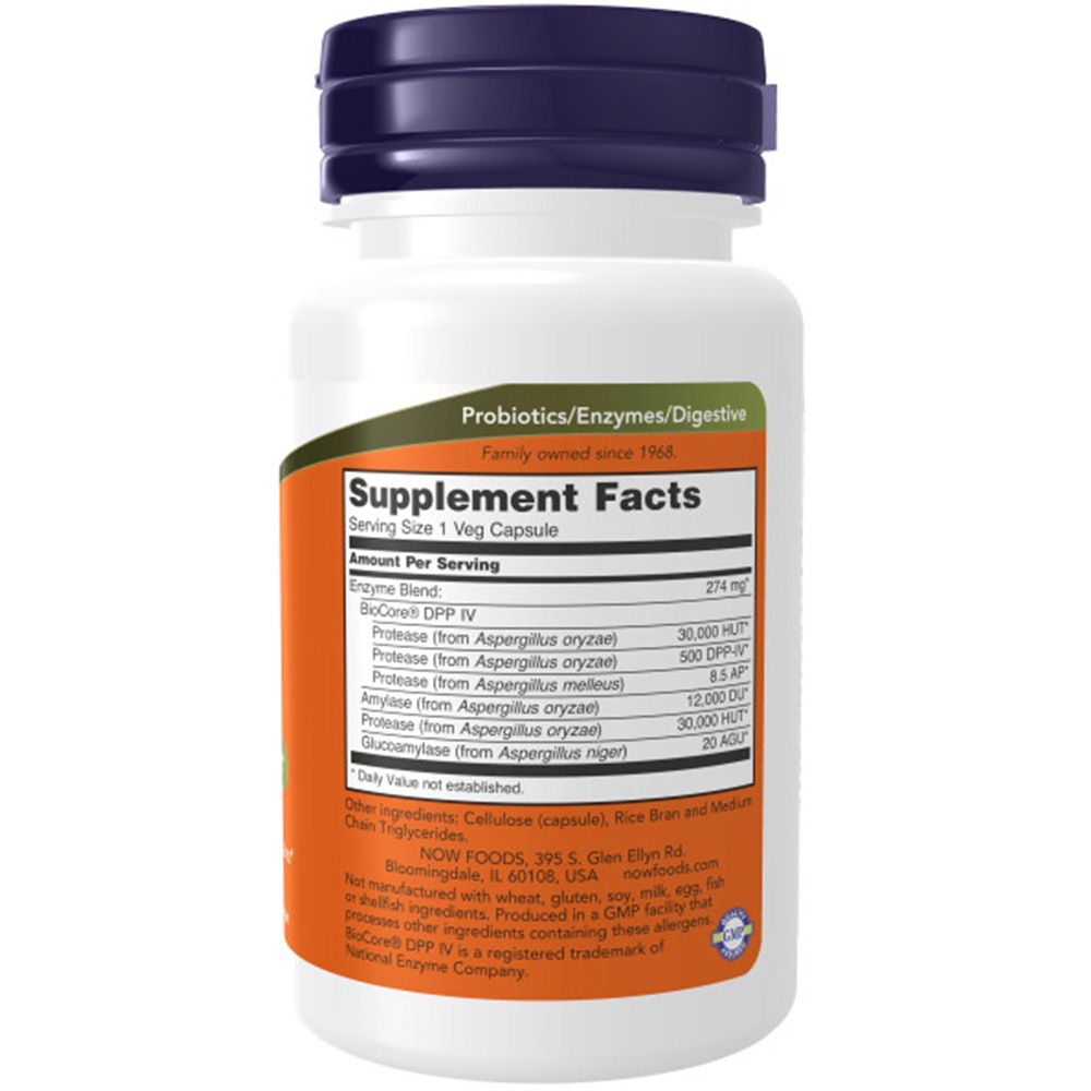 Weiße Flasche mit blauem Deckel. Etikett mit Nährwertangaben und Inhaltsstoffen. Text: NOW FOODS, Gluten Digest, Probiotika/Enzyme/Verdauung.