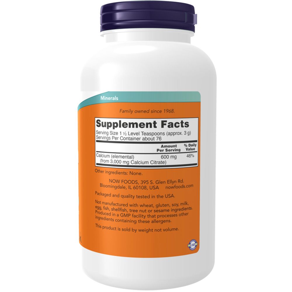 Rückseite einer weißen Flasche. Orangefarbenes Etikett mit Nährwertangaben und Inhaltsstoffen. Text: "NOW FOODS".