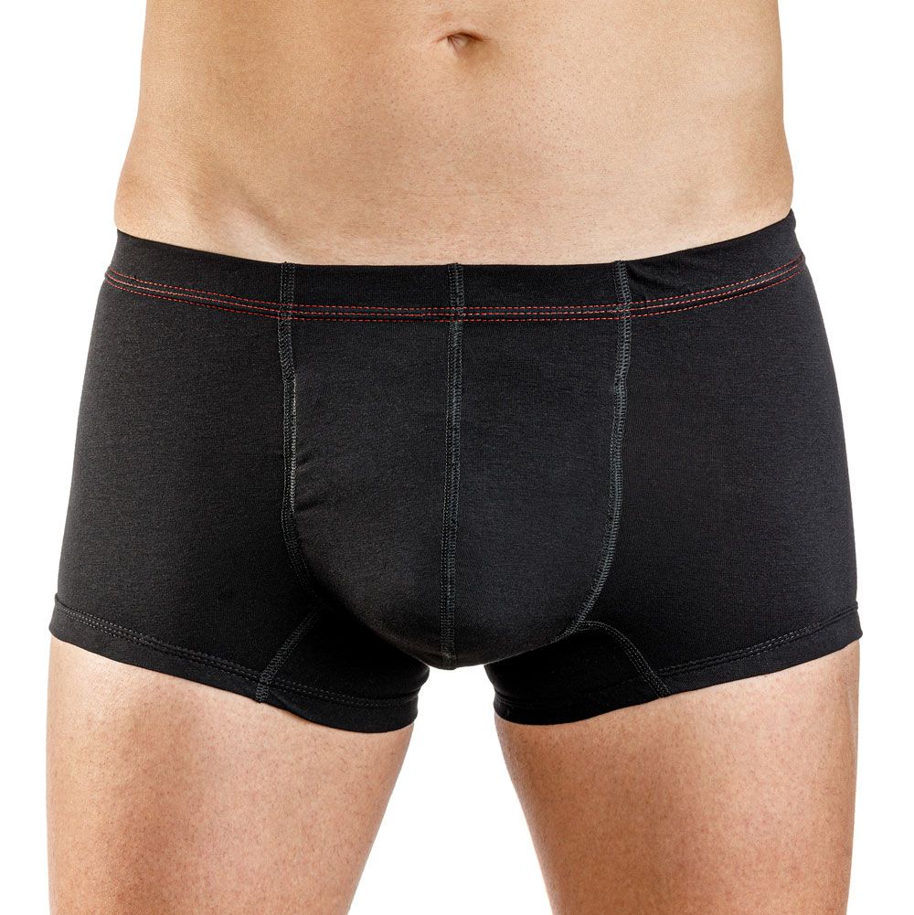 Schwarze Inkontinenz-Shorts für Herren. Roter Ziernähte am Bund. Frontansicht.
