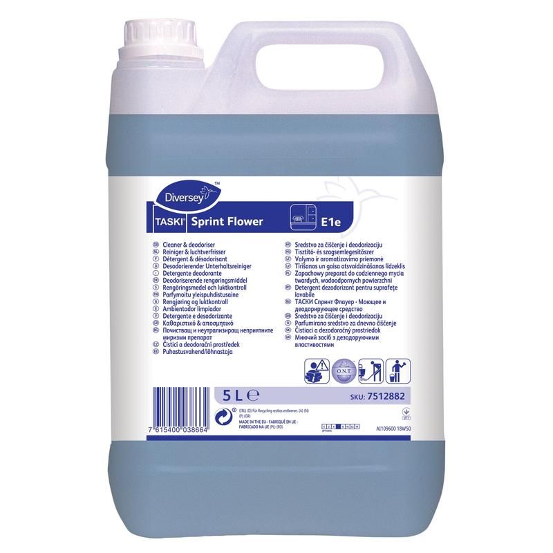 Blau-transparente Flüssigkeit in einem Kunststoffkanister mit Griff. Aufschrift: TASKI Sprint Flower, 5 L. Mit verschiedenen Piktogrammen.