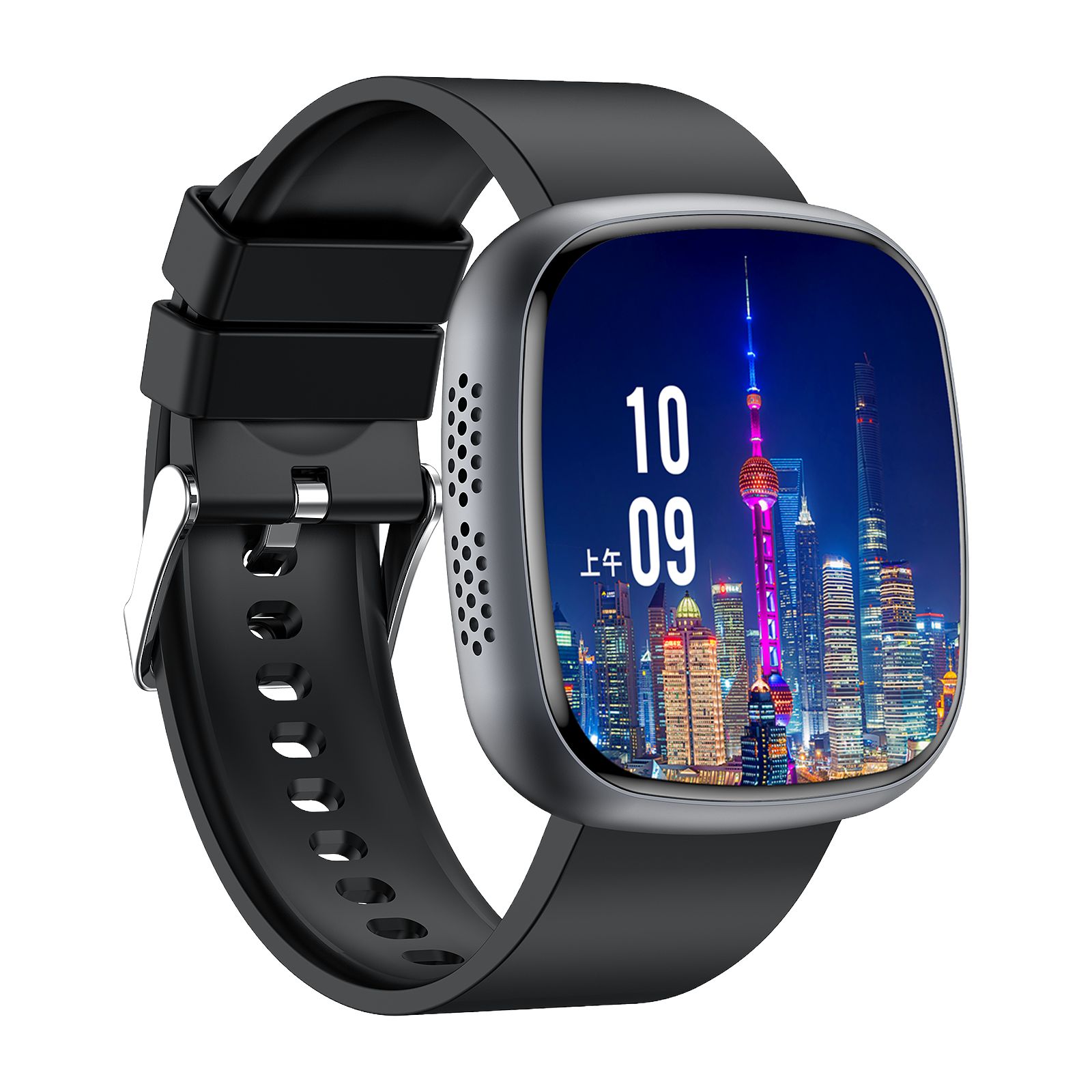 Schwarze Smartwatch mit quadratischem Zifferblatt. Bildschirm zeigt Uhrzeit und Skyline. Schwarzes Armband mit silberner Schnalle.
