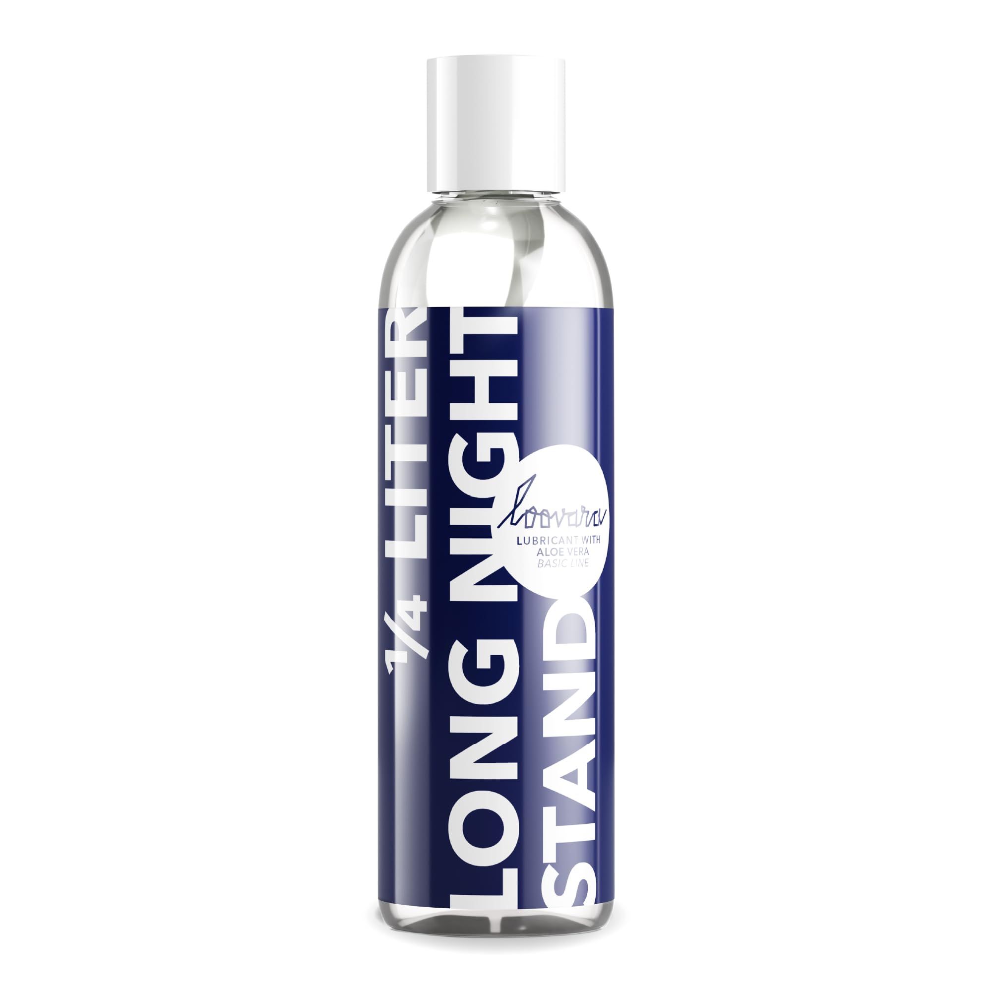 LOOVARA 1/4 Liter Long Night Stand Gleitmittel in klarer Flasche mit blauem Etikett.