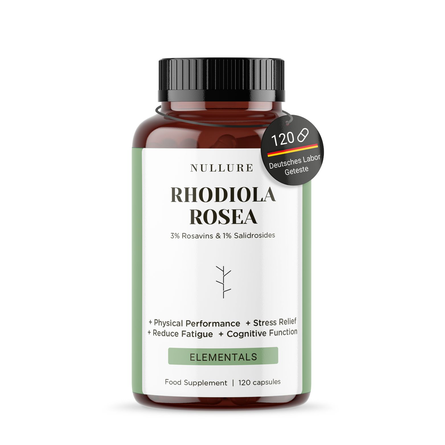 Braune Flasche mit schwarzem Deckel. Etikett: Rhodiola Rosea, 120 Kapseln. Text: Physical Performance, Stress Relief, Reduce Fatigue. Siegel.