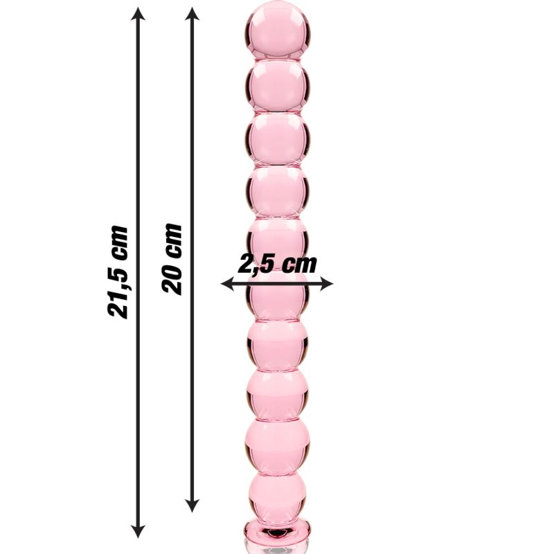 Rosa Dildo aus Borosilikatglas mit 10 Kugeln. Maße: 21,5 cm lang, 2,5 cm Durchmesser.