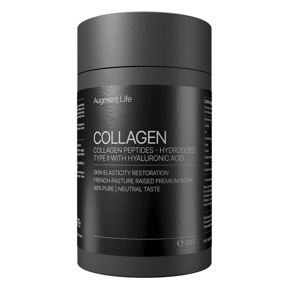 Dunkler Behälter mit Augment Life Kollagenpulver, Kollagenpeptide Typ II mit Hyaluronsäure, 200g.