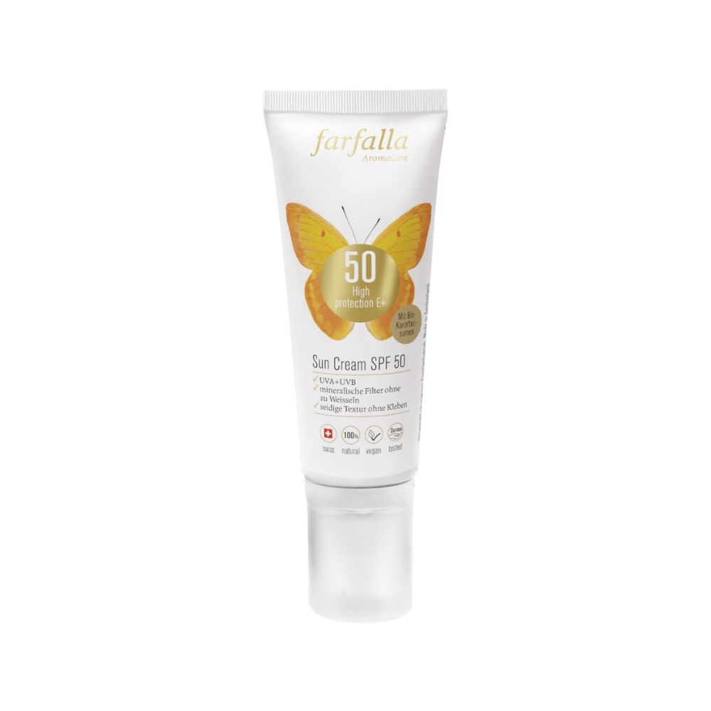 Sonnencreme-Tube mit Schmetterling-Logo. SPF 50. Mineralische Filter. Marke: Farfalla.