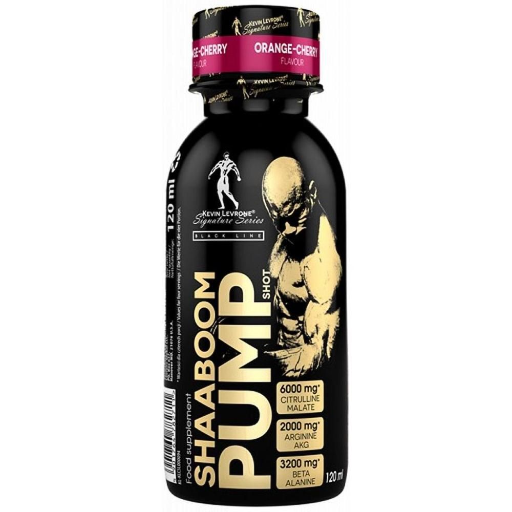 Schwarze Flasche mit pinkfarbenem Deckel. Aufschrift: Shaaboom Pump Shot, Kevin Levrone. Enthält Citrullin Malat, Arginin AKG, Beta Alanin.