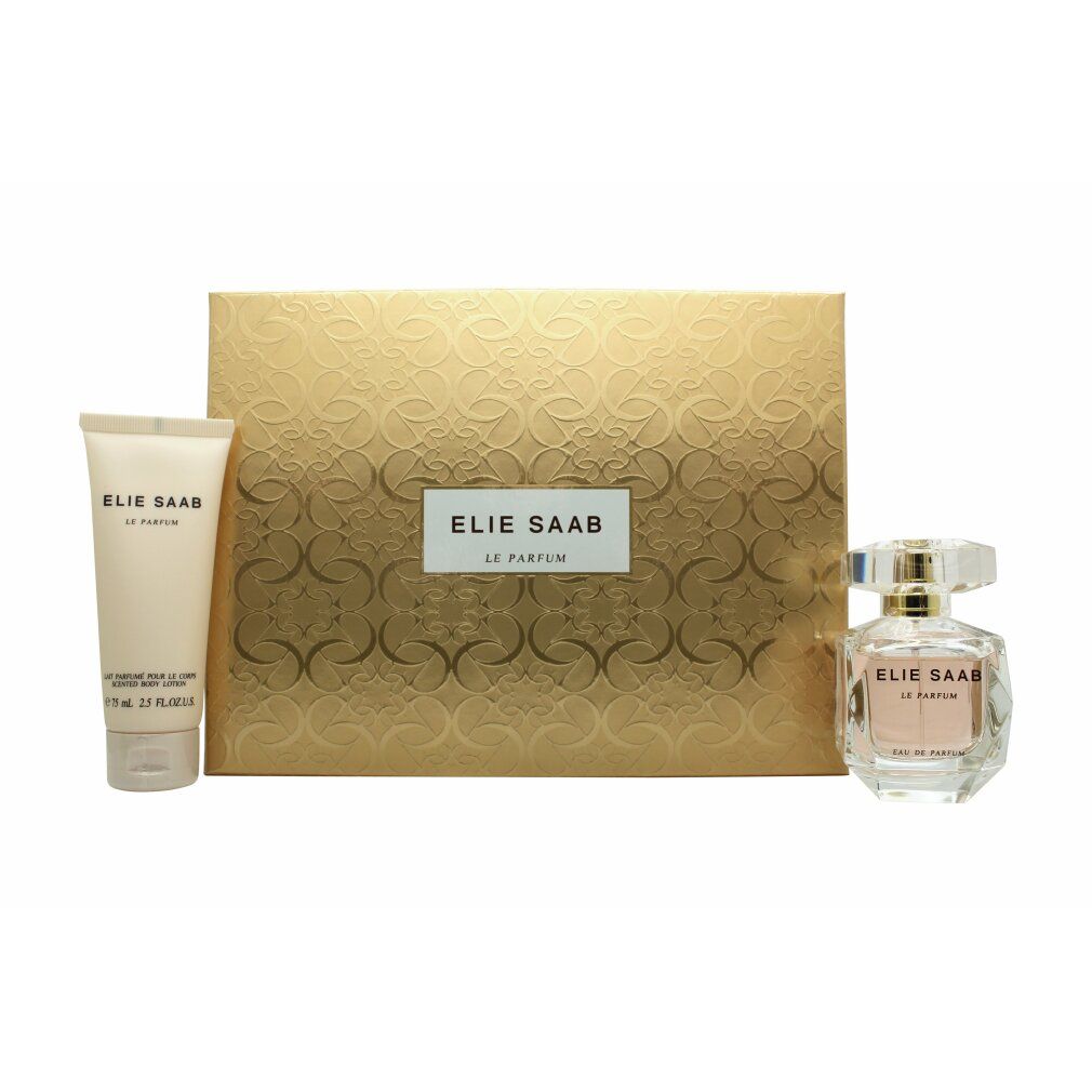 Geschenkset mit goldener Box, Lotion und Parfümflakon. Elie Saab Le Parfum Schriftzug.