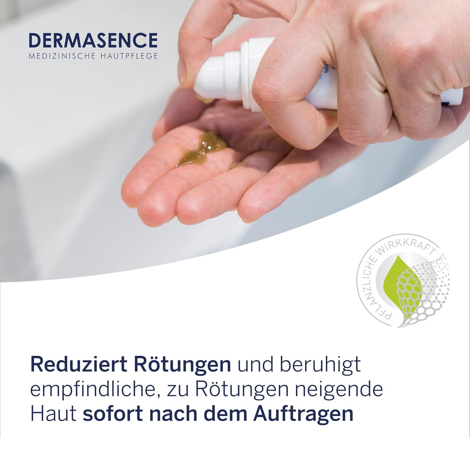 Hand drückt Serum auf die Handfläche. Grünliche Flüssigkeit. Logo im Hintergrund.