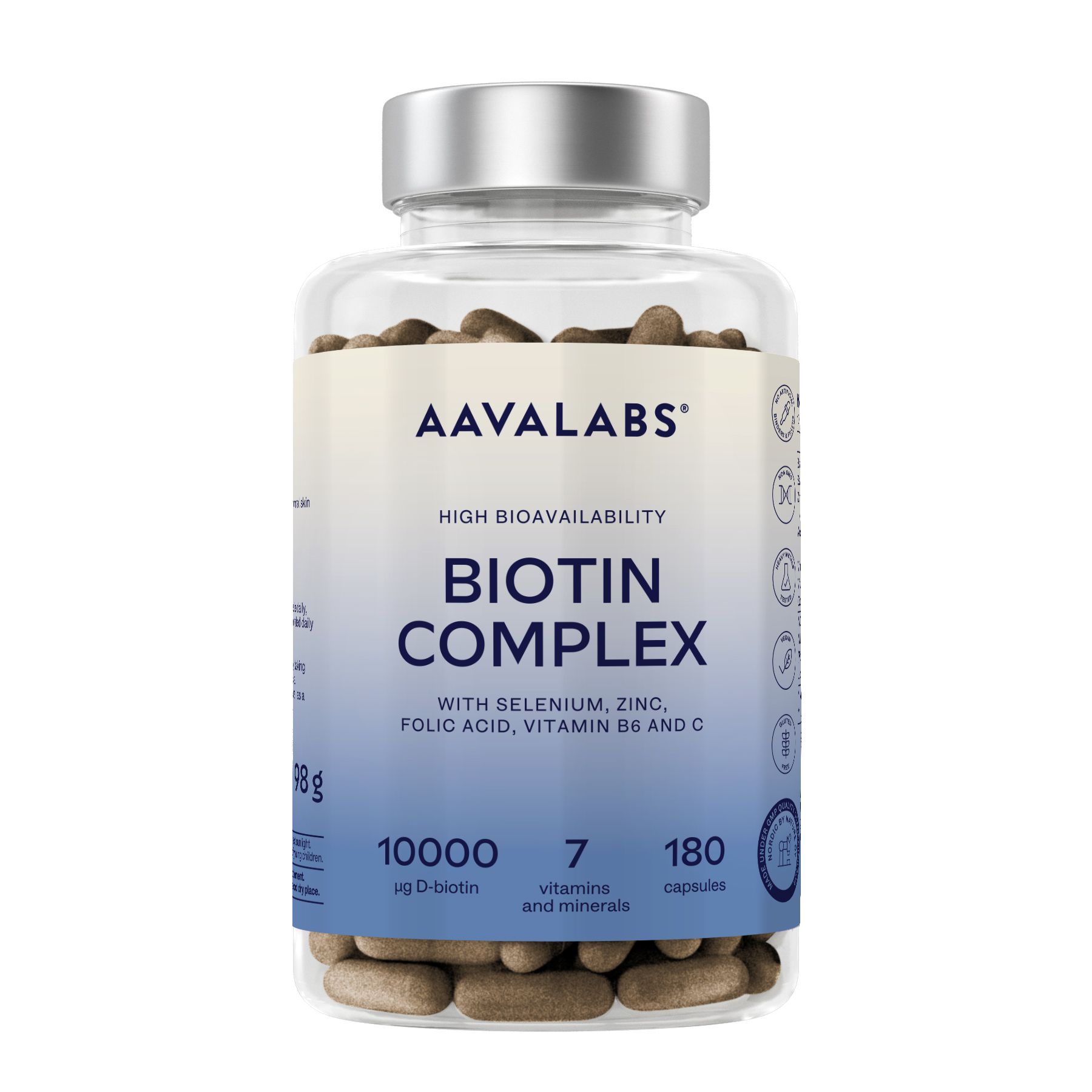 Aavalabs Biotin Komplex Kapseln in transparenter Flasche mit silbernem Deckel.