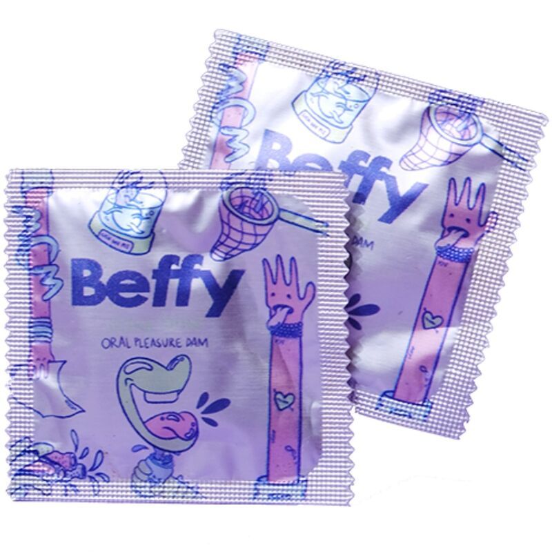 Zwei einzeln verpackte Beffy Oral Pleasure Dams. Verpackung mit Illustrationen und Schriftzug.