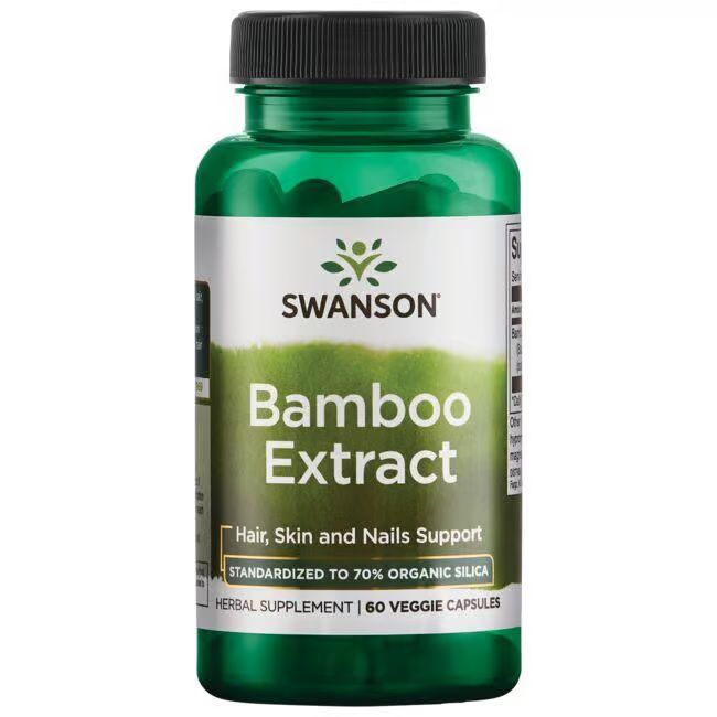 Grüne Flasche mit schwarzem Deckel. Aufschrift: SWANSON Bamboo Extract. Enthält 60 Kapseln. Für Haare, Haut und Nägel.