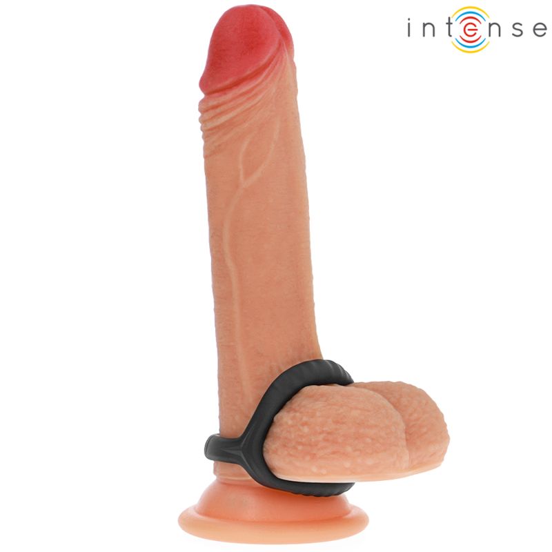Dildo mit roter Spitze und schwarzem Penisring. Marke: Intense.