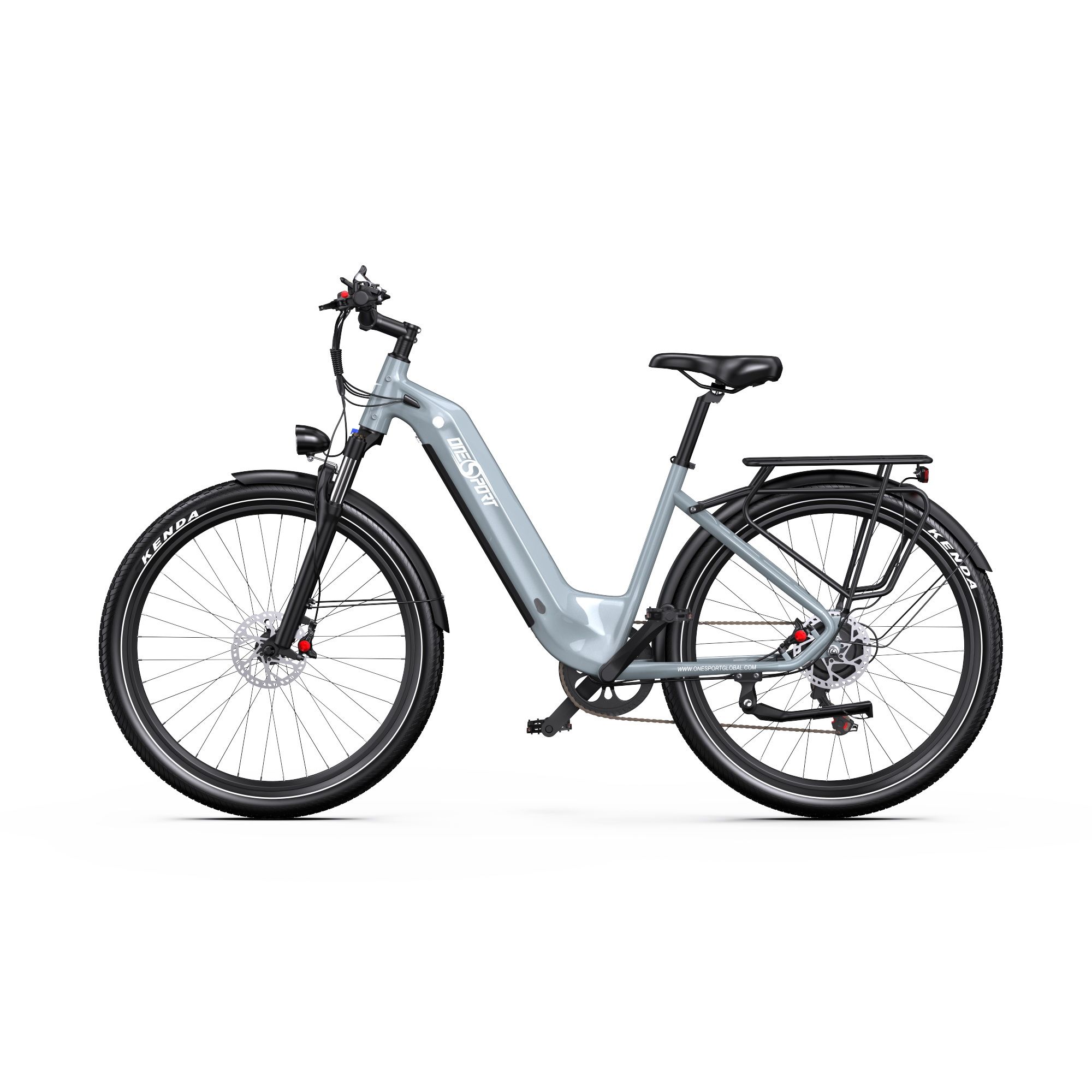 Graues E-Bike, Seitenansicht. Schwarze Reifen, Sattel und Gepäckträger. Marke ONESPORT.