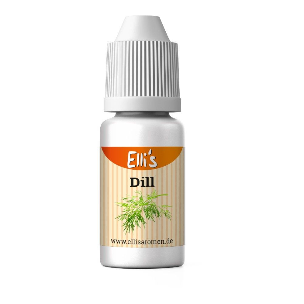 Weiße Flasche mit weißem Deckel. Etikett mit "Elli's Dill" und Dill-Abbildung. www.ellisaromen.de.