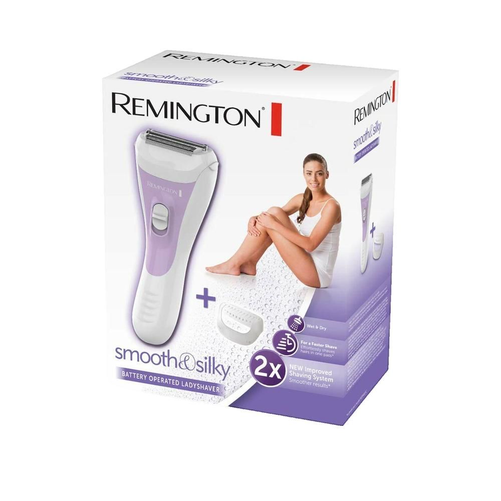 Verpackung mit Damenrasierer. Lila-weißes Gerät, Zubehör und Frau. Marke Remington, Schriftzug "smooth & silky".