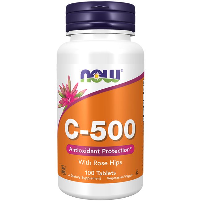 Weiße Flasche mit orangefarbenem Etikett. Text: C-500, Antioxidant Protection, Hagebutten, 100 Tabletten, Now.