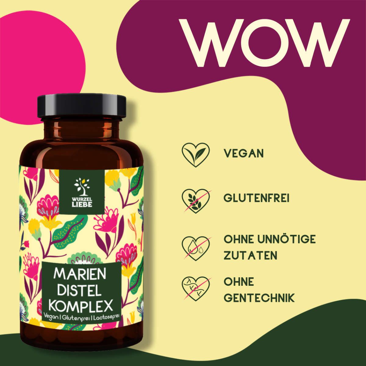 Braune Flasche mit floralem Etikett. Text: Mariendistel Komplex. Vegan, glutenfrei, ohne unnötige Zutaten, ohne Gentechnik.