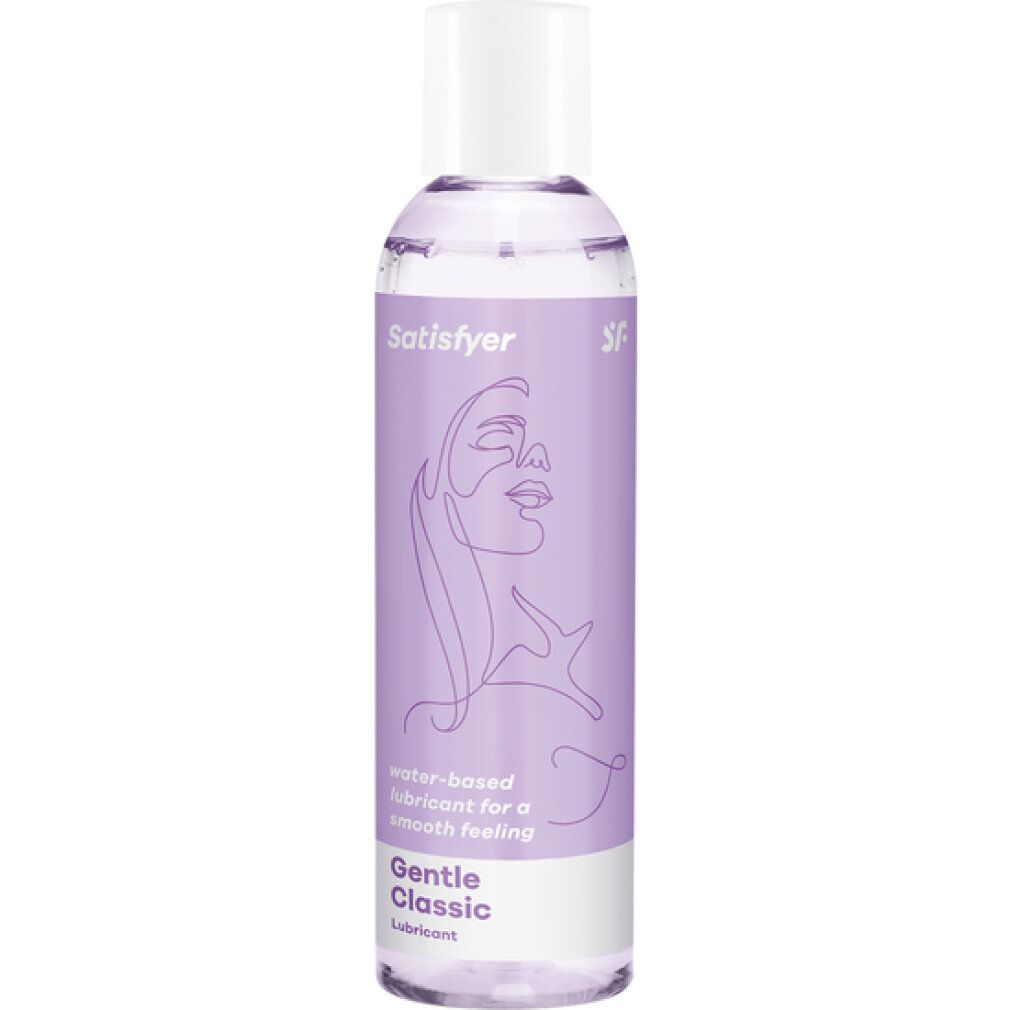 Flasche mit lila Etikett. Aufschrift: Satisfyer, Gentle Classic. Wasserbasiertes Gleitmittel.