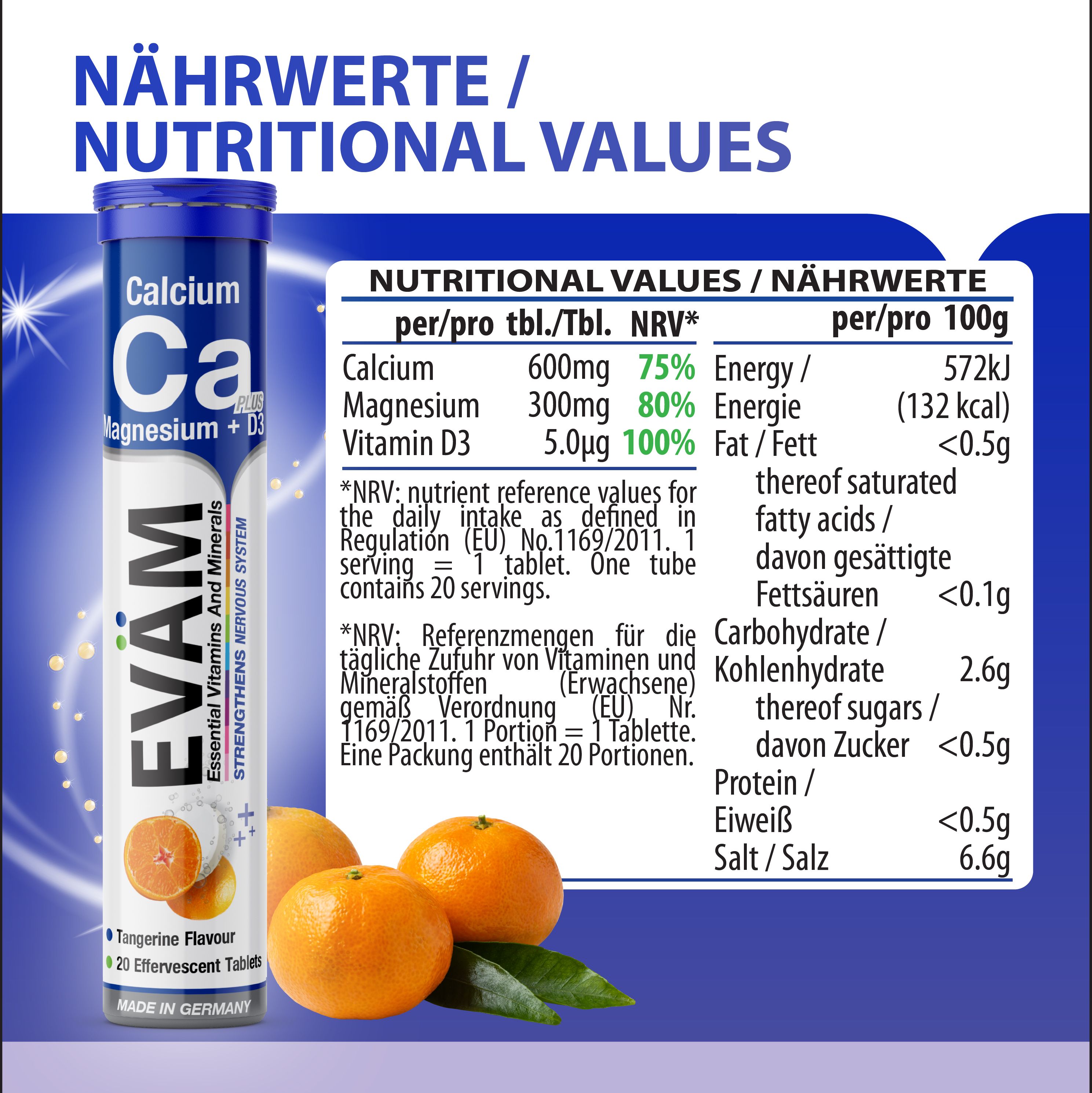 Produkt: EVÄM Calcium + Magnesium + D3. Text: Nährwerte pro 100g und pro Tablette. Enthält Calcium, Magnesium, Vitamin D3. Mit Mandarinen.