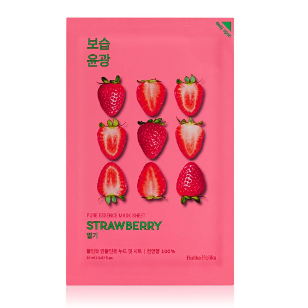 Rosa Verpackung mit Erdbeeren. Text: Pure Essence Mask Sheet Strawberry, Holika Holika.