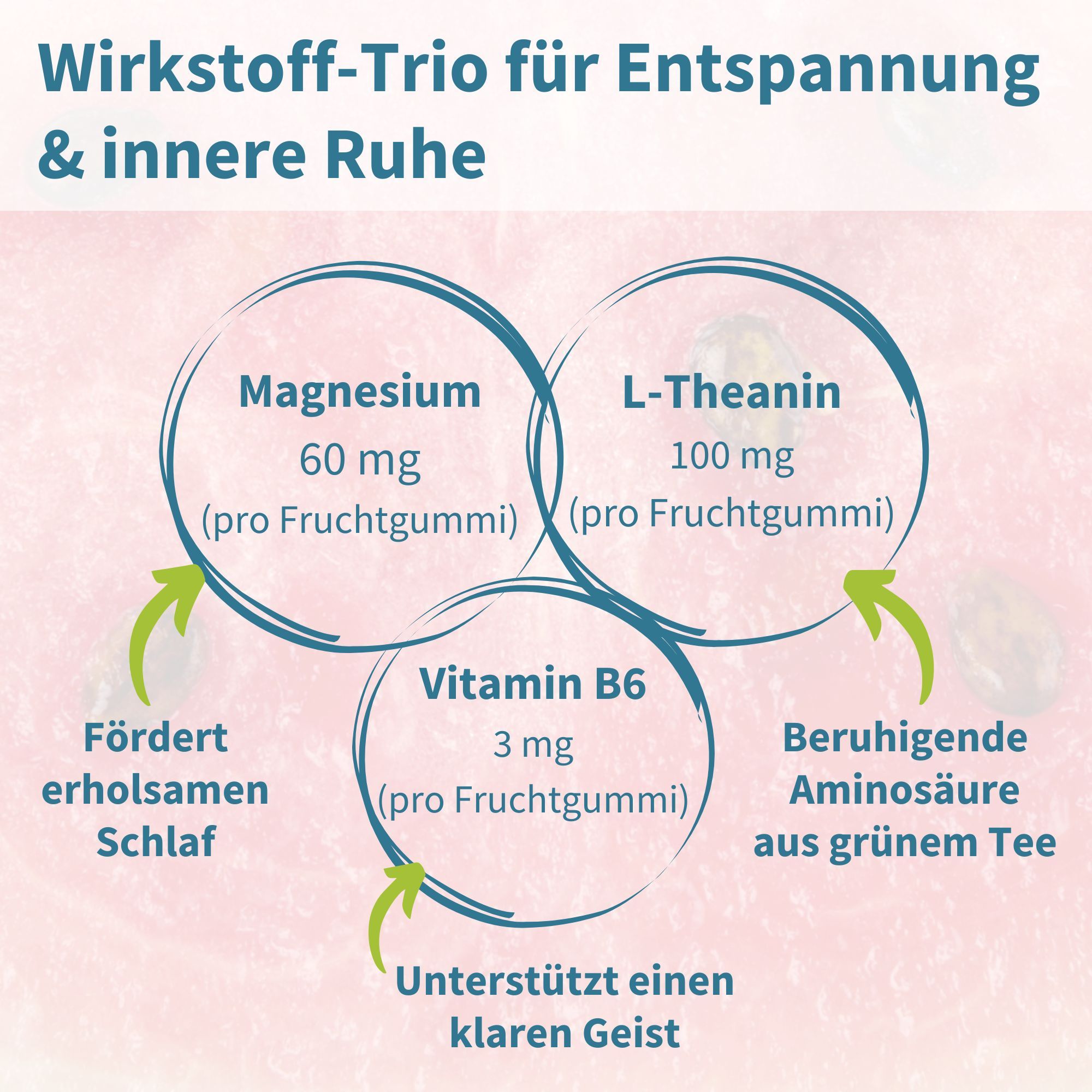 Drei Kreise zeigen Magnesium, L-Theanin und Vitamin B6 mit Dosierungen und Vorteilen für Entspannung und Ruhe.