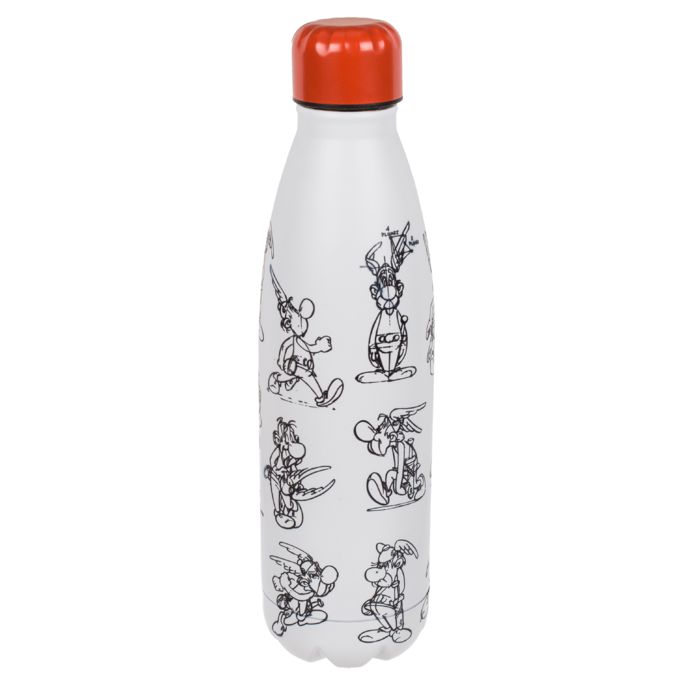 Weiße Trinkflasche mit rotem Deckel und Asterix-Zeichnungen. Metallflasche.