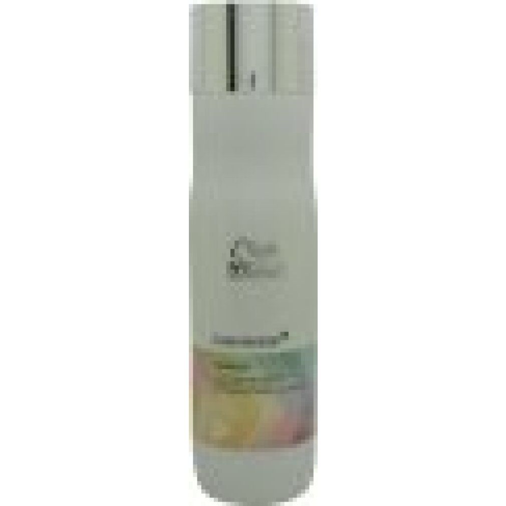 Schmale, weiße Shampoo-Flasche mit silbernem Deckel. Aufkleber mit Farbverlauf und Schriftzug ColorMotion und Shampoo.