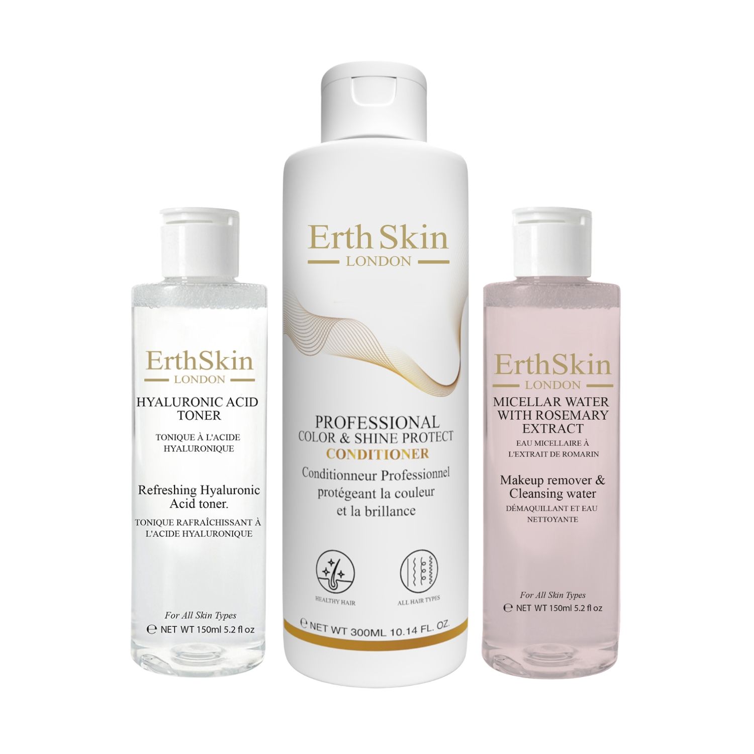 Drei Flaschen ErthSkin London Hautpflegeprodukte. Toner, Conditioner und Mizellenwasser. Weiße Flaschen mit Etiketten.