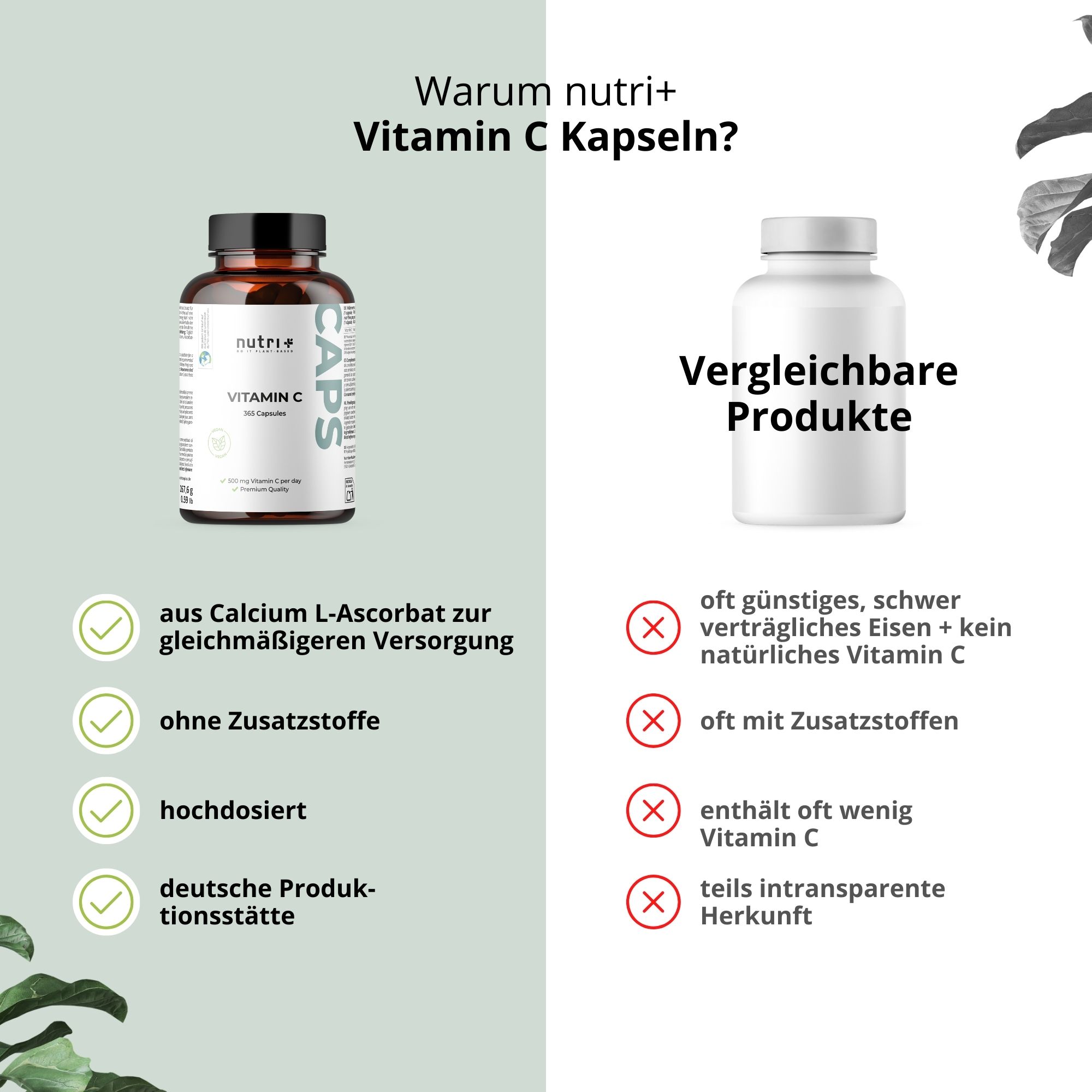 Vergleich: nutri+ Vitamin C Kapseln vs. Vergleichbare Produkte. Vorteile: Calcium L-Ascorbat, ohne Zusätze, hochdosiert, deutsche Produktion.