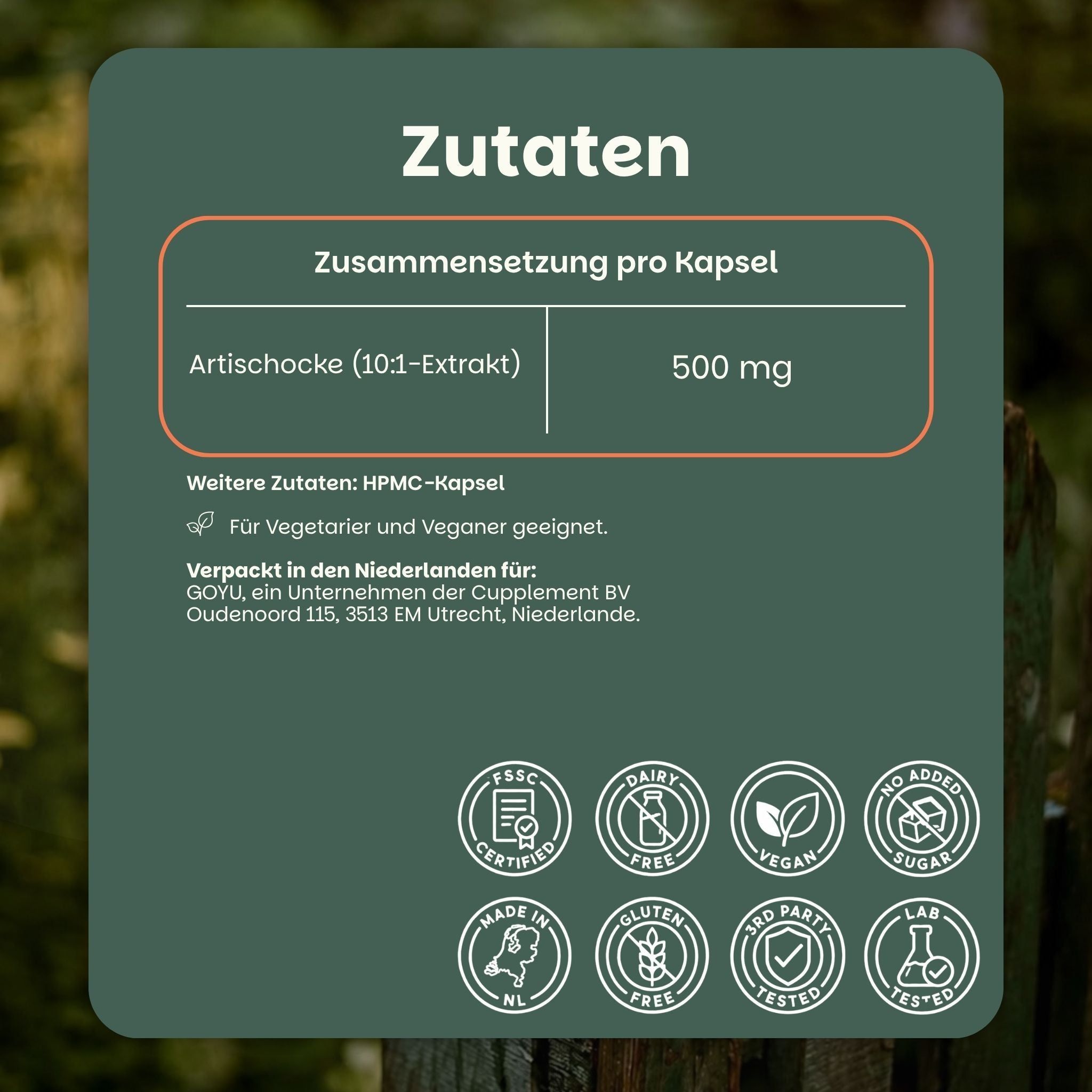 Zutaten: Artischocke (10:1-Extrakt) 500 mg, HPMC-Kapsel. Für Vegetarier und Veganer.