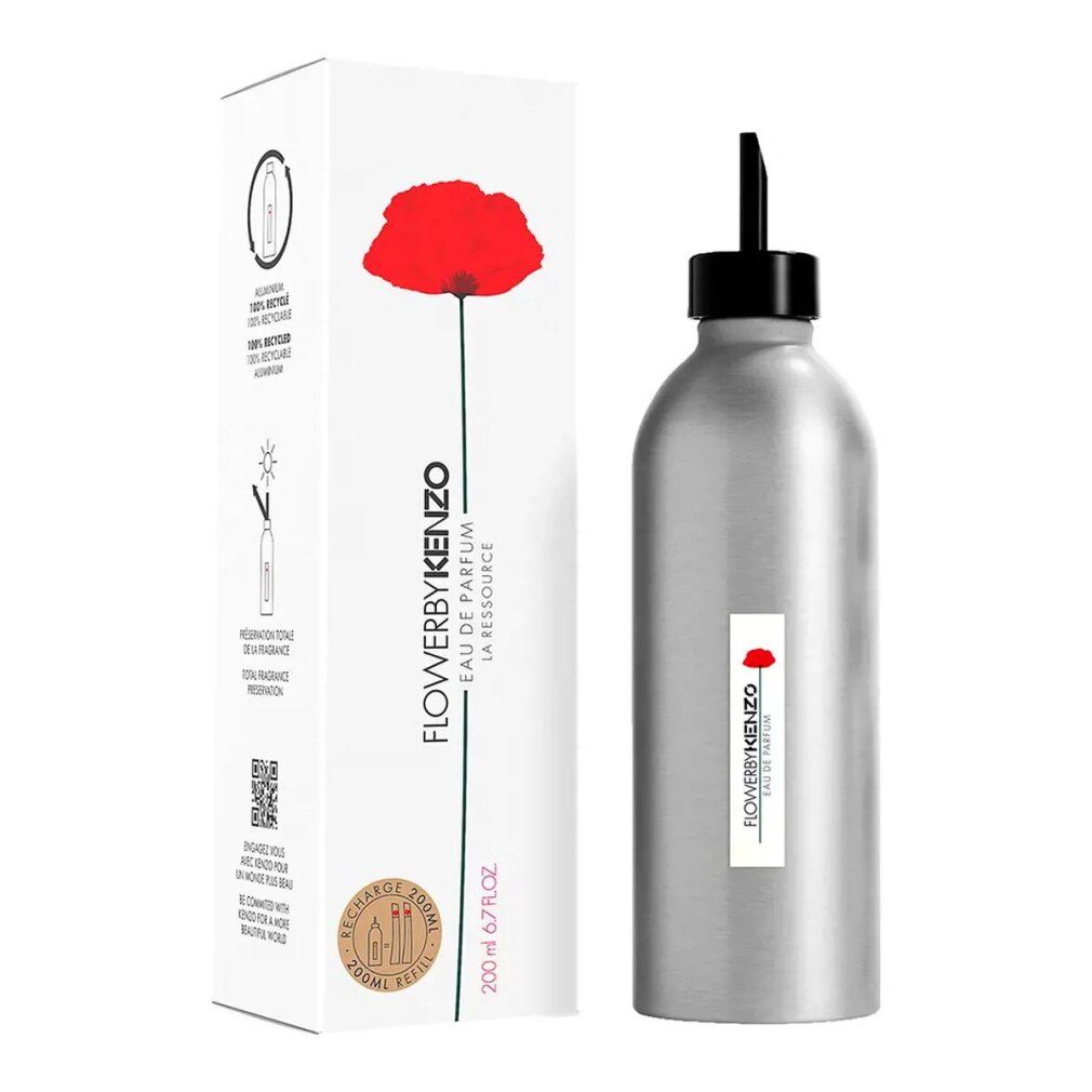 Silberne Flasche mit schwarzem Verschluss und weißer Verpackung. Auf der Verpackung: roter Mohn, Schriftzug und Logo.