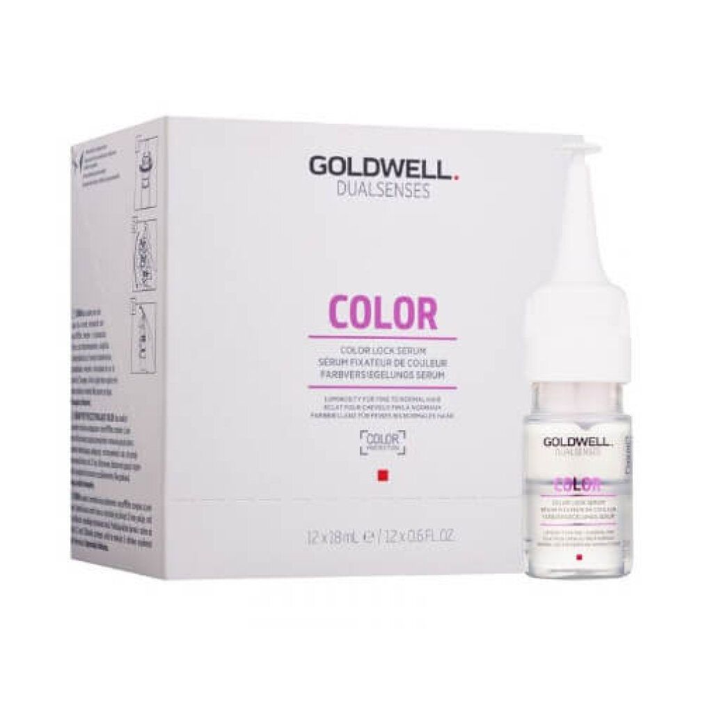 Goldwell Dualsenses Color Intensives Pflegeserum, 18 ml. Karton mit Produkt und Einzelampulle. Einzelampulle mit weißem Applikator.