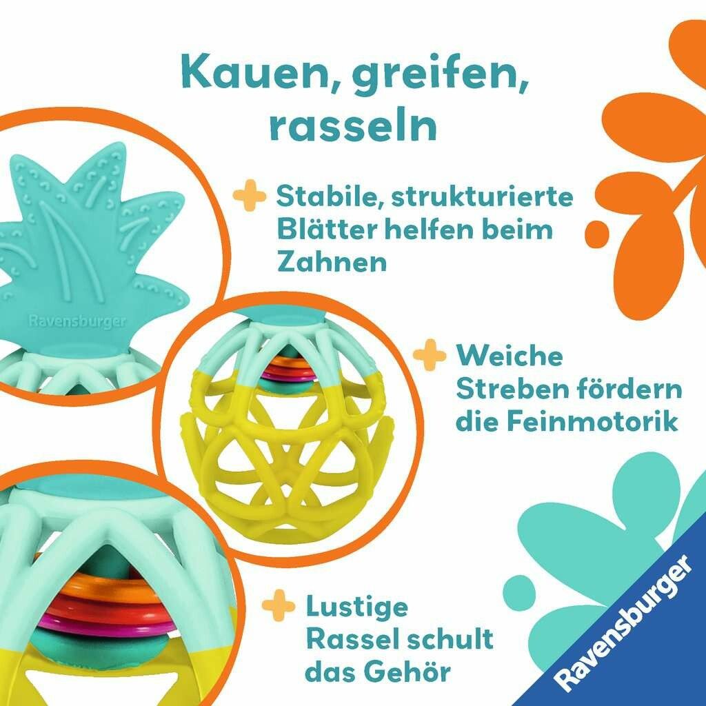 Nahaufnahmen des Ananas-Greiflings. Türkise Blätter, gelbe Streben, Rasselelemente. Texte: 'Blätter helfen beim Zahnen', 'fördern die Feinmotorik'.