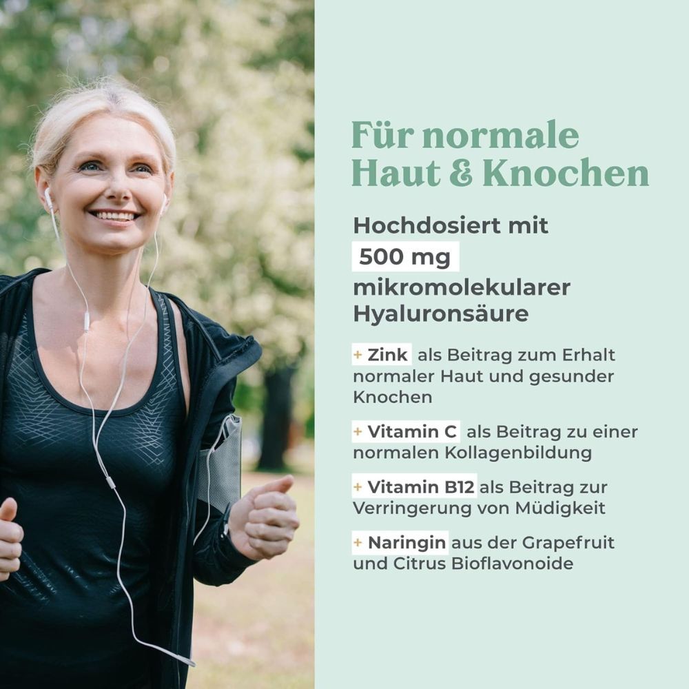 Frau joggt. Text: Für normale Haut & Knochen. Hochdosiert mit 500 mg mikromolekularer Hyaluronsäure. Zink, Vitamin C, Vitamin B12, Naringin.