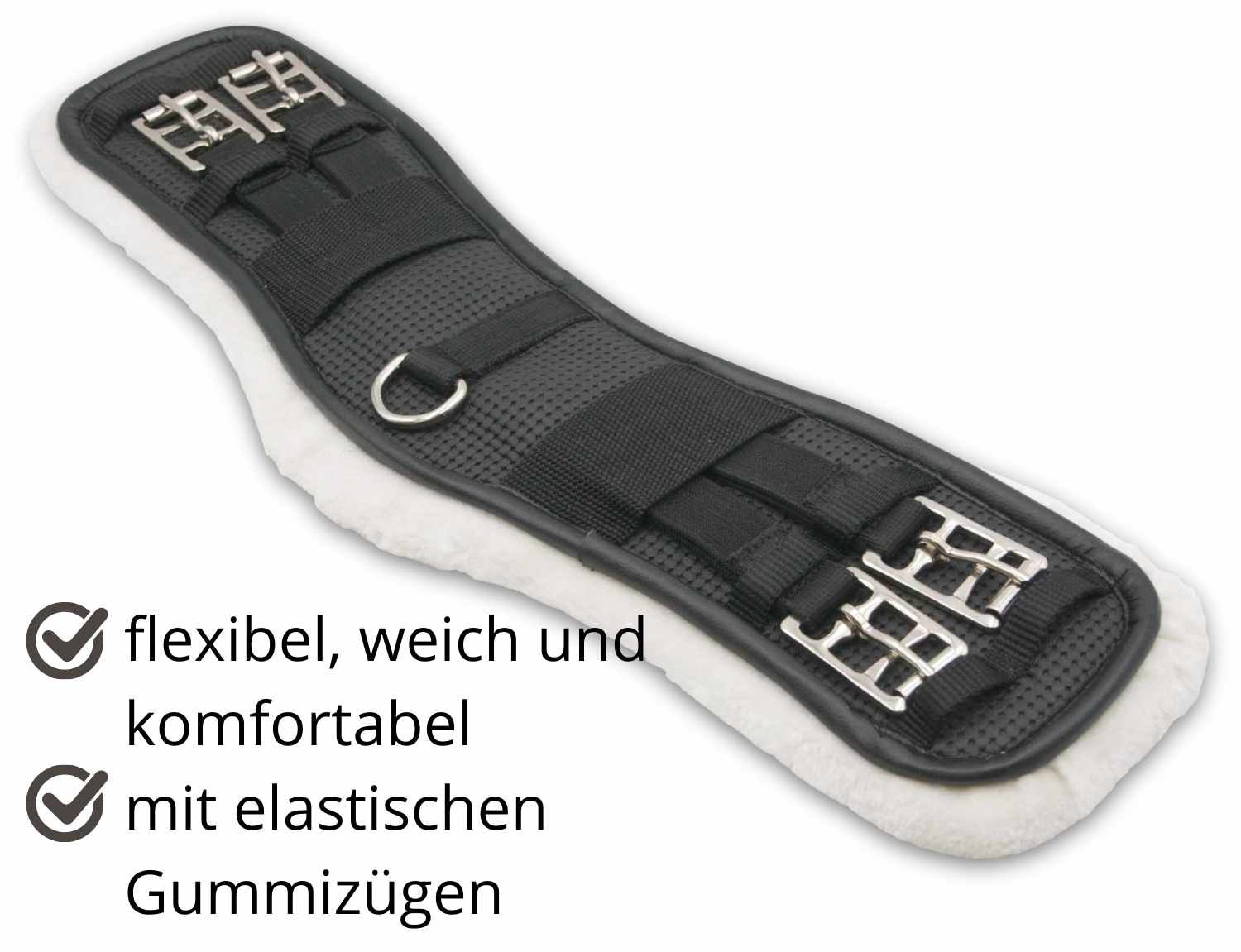 Schwarzer Sattelgurt mit Kunstfell und Rollschnallen. Mit elastischen Gummizügen. Flexibel, weich und komfortabel.