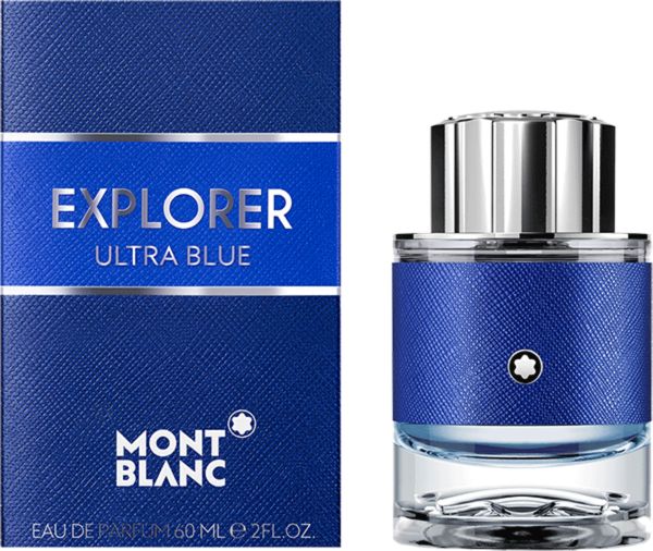 Blauer Flakon mit silbernem Deckel und blauer Verpackung. Aufschrift: EXPLORER ULTRA BLUE, MONTBLANC.
