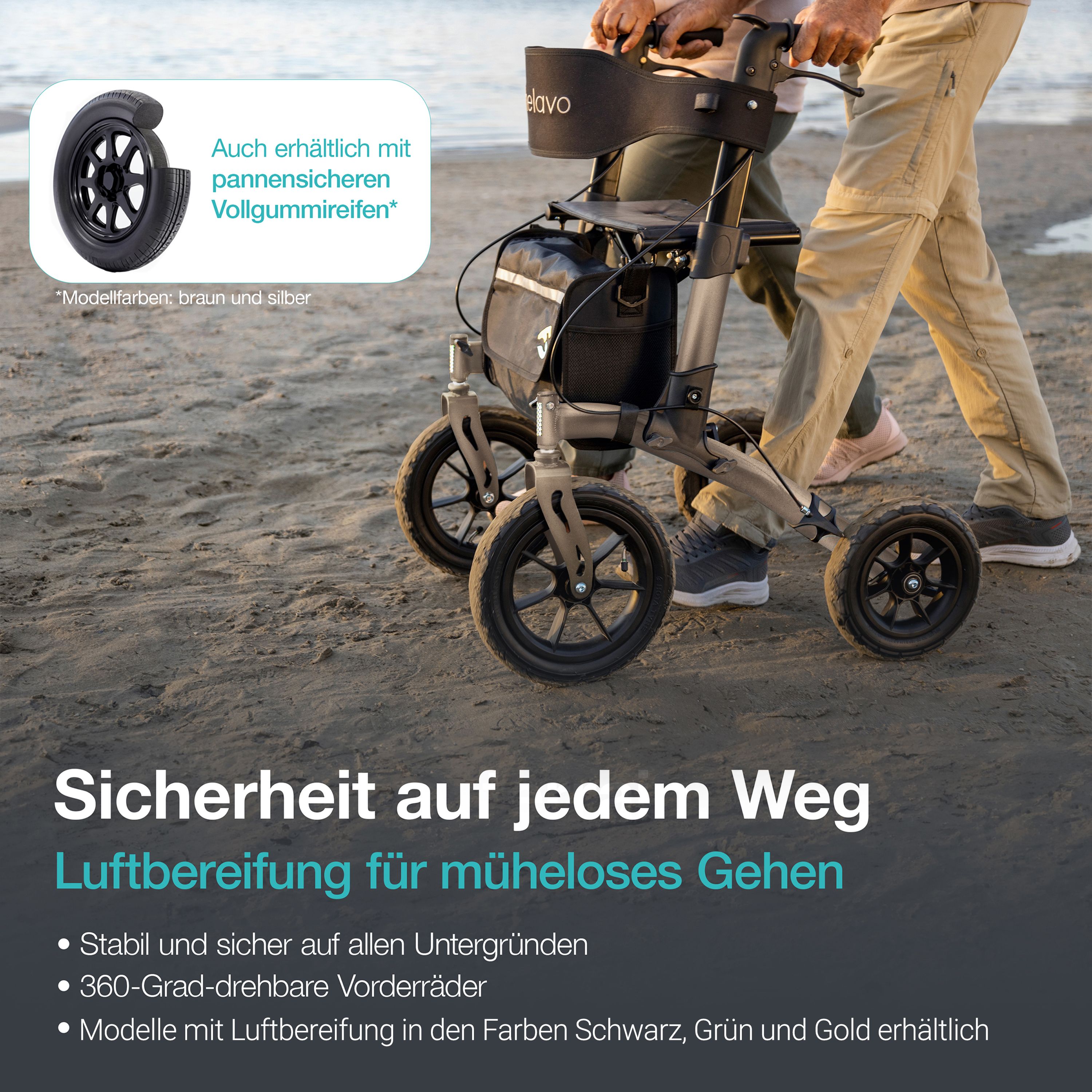 Rollator mit Luftbereifung auf sandigem Untergrund. Zeigt Stabilität und 360-Grad-Vorderräder.