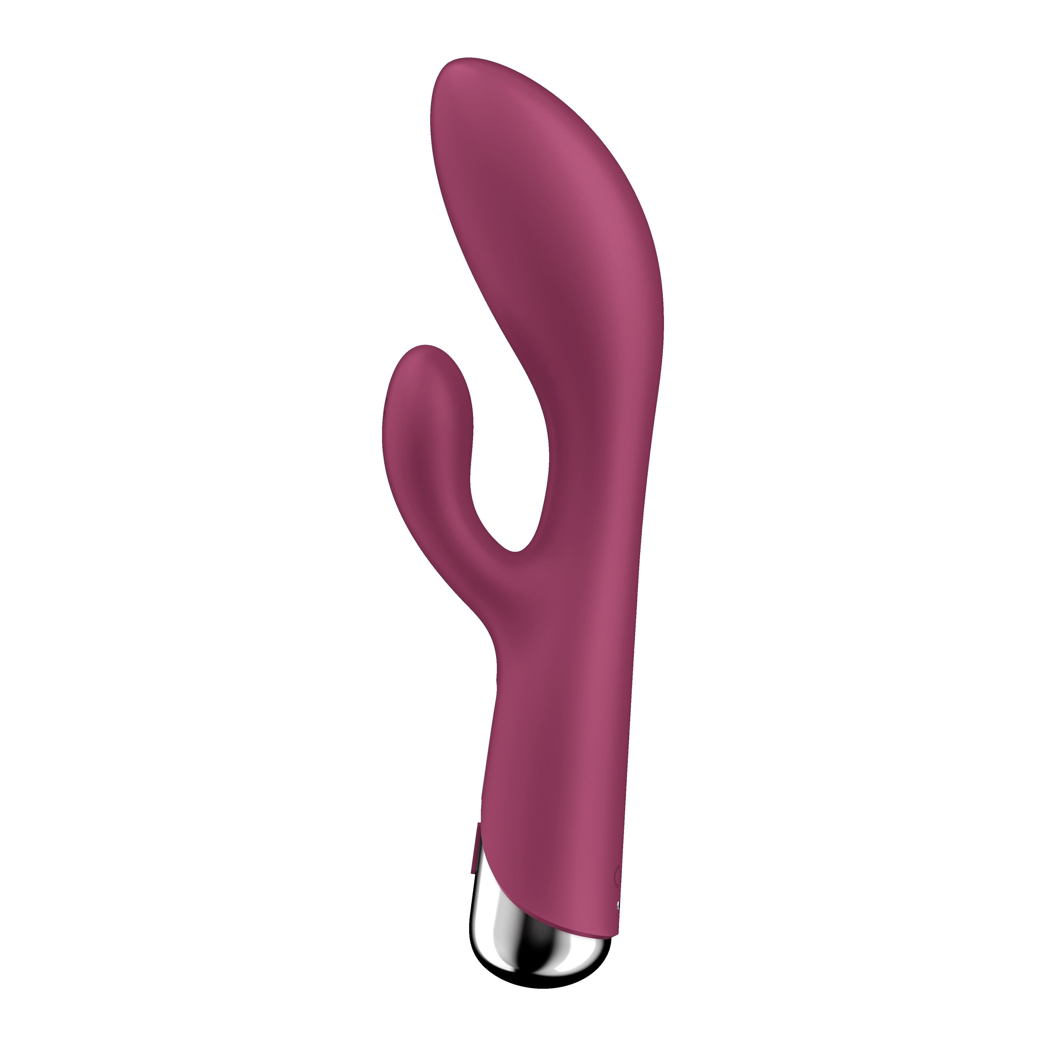 Lila Vibrator mit gebogener Form. Hat einen gebogenen Teil und einen silbernen Bereich.