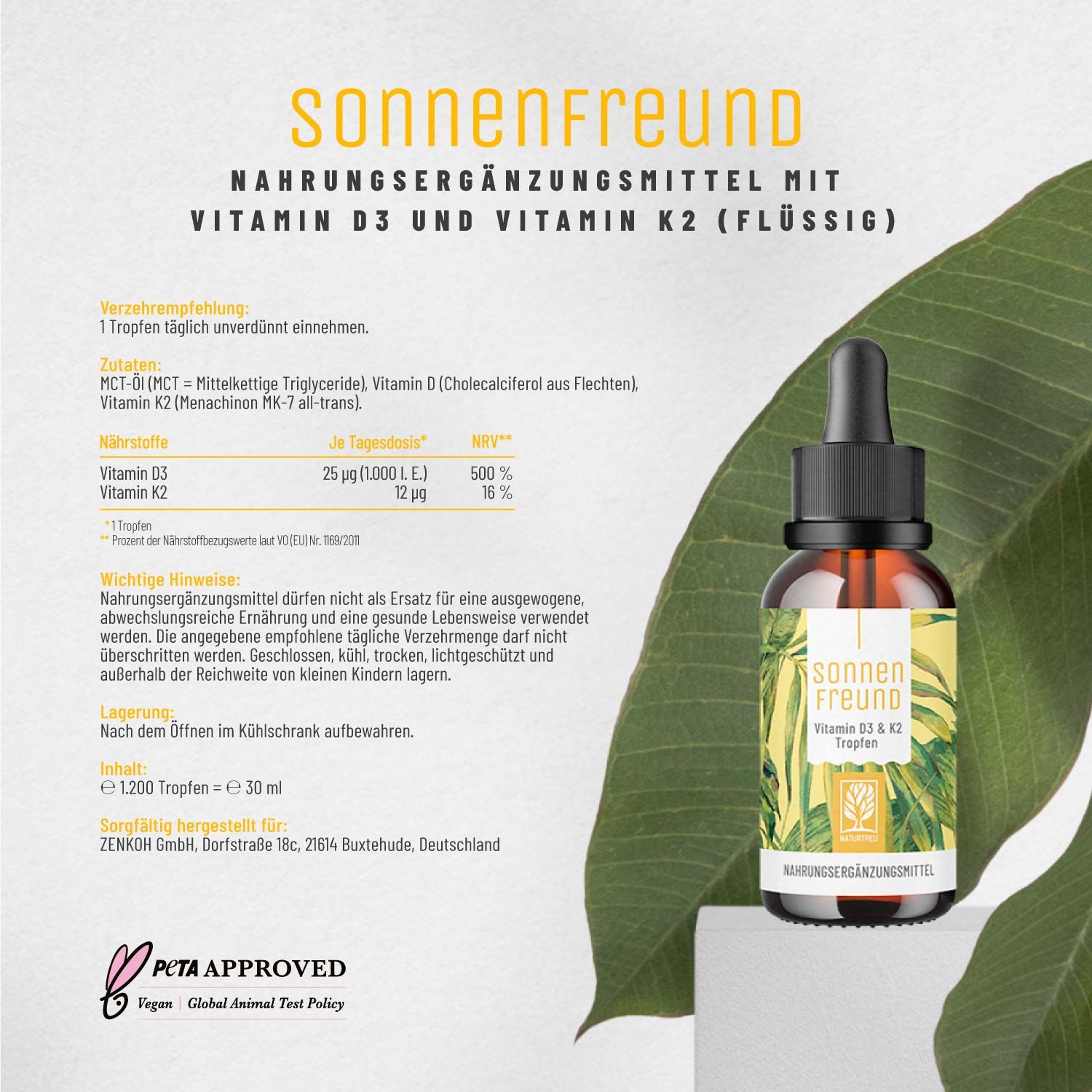 Vitamin D3 K2 Tropfen vegan - Sonnenfreund - NATURTREU®