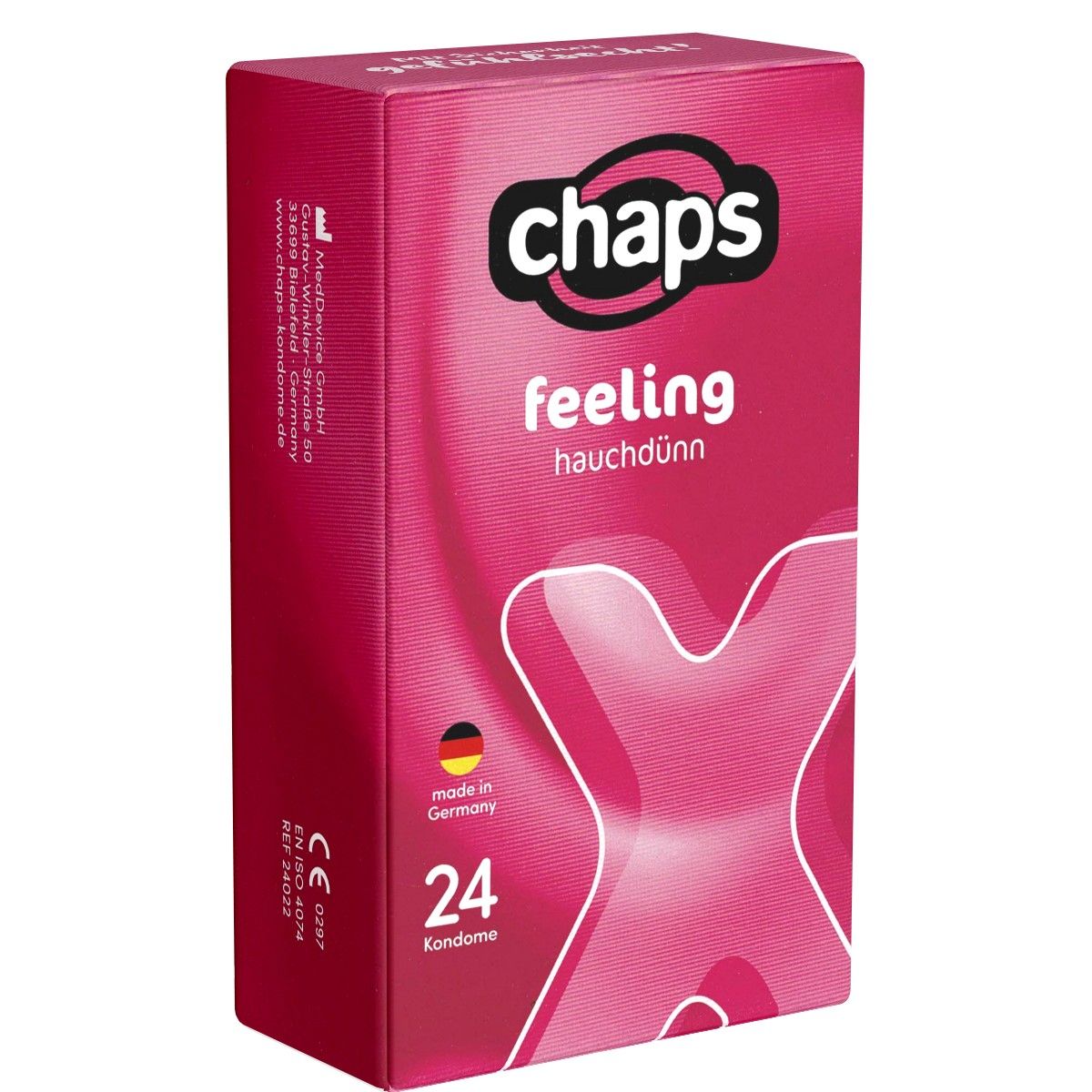 Rosa Schachtel mit "chaps feeling hauchdünn"-Aufdruck. Enthält 24 Kondome. Mit CE-Kennzeichnung und "made in Germany".