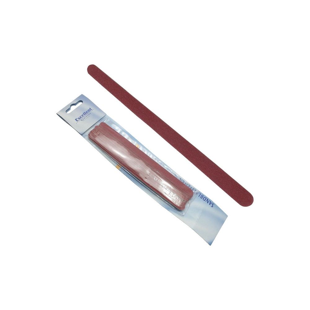 Sandblattfeile, rot, in Verpackung. Marke Excellent sichtbar. Eine weitere Feile liegt daneben.
