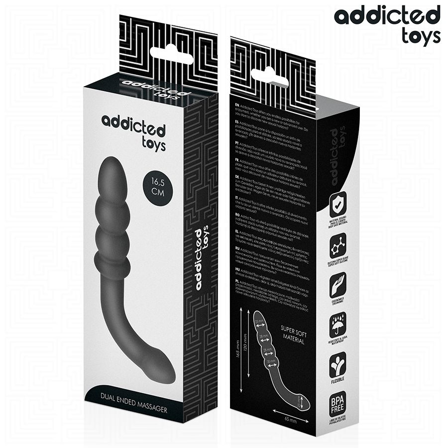 Verpackung eines doppelseitigen Analplugs. Zeigt Produktabbildung, Maße und 'Dual Ended Massager'.