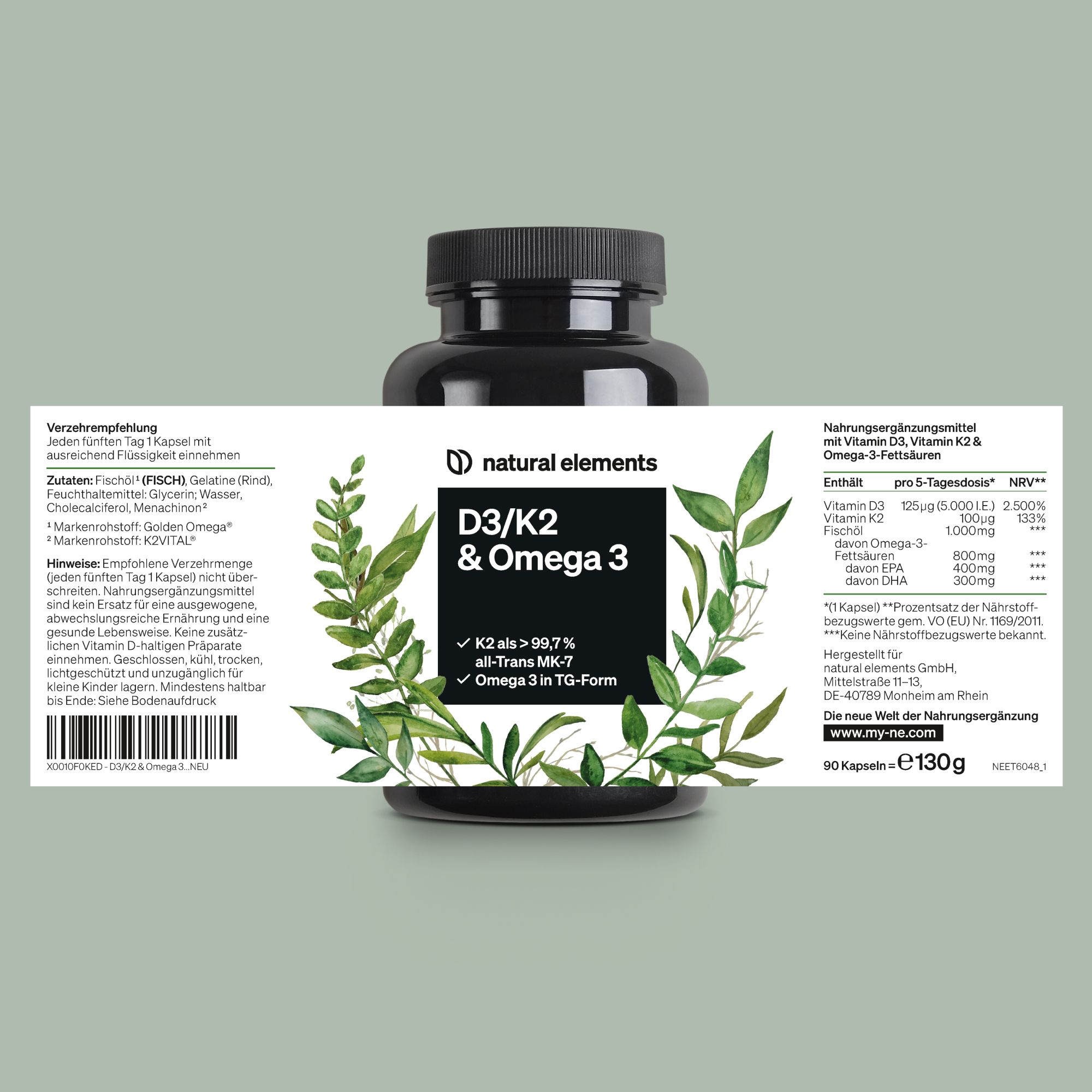 Produktflasche mit Etikett. Aufschrift: D3/K2 & Omega 3. K2 >99,7% all-Trans MK-7. Omega 3 in TG-Form. Nährwertangaben.