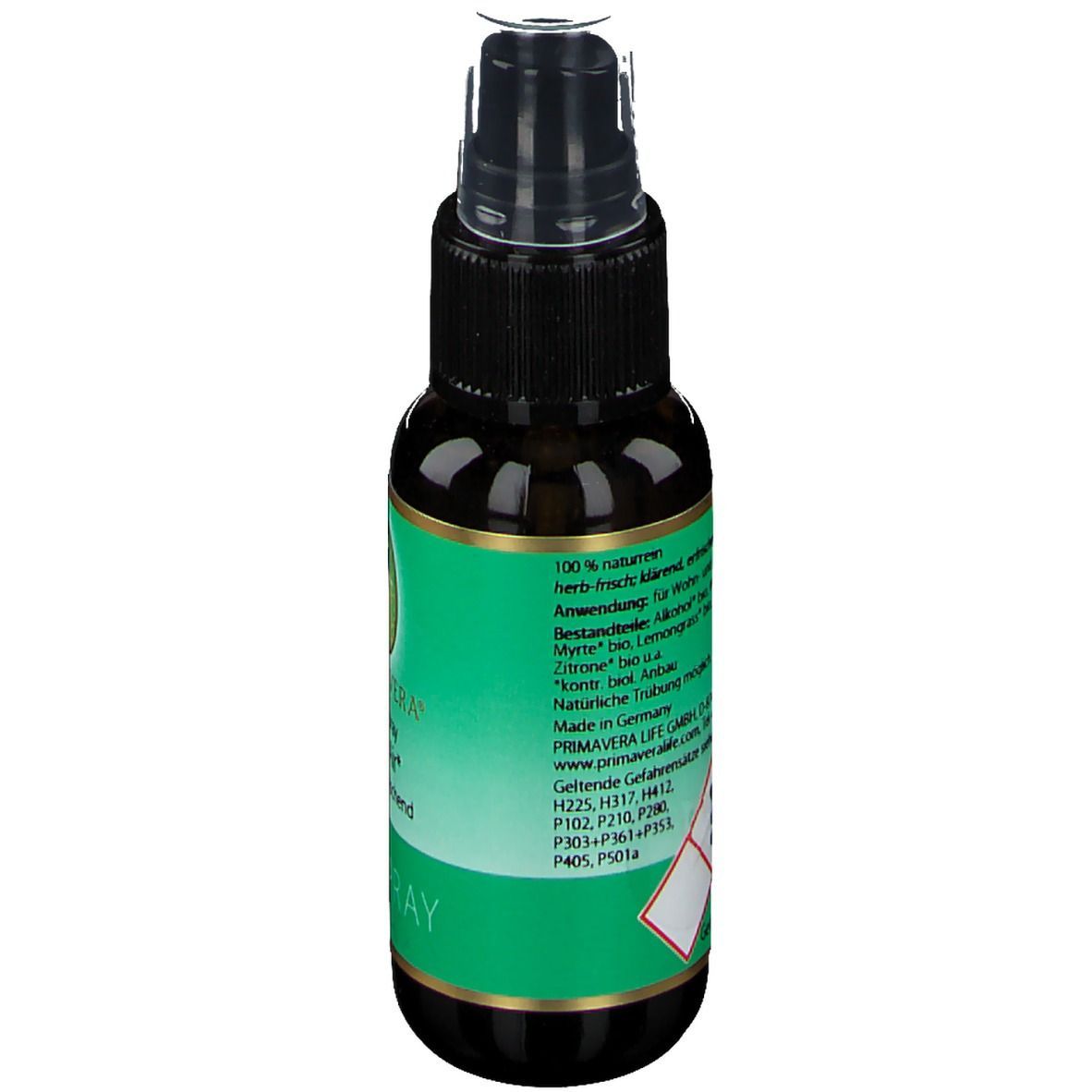Braune Flasche mit grünem Etikett. Text: PRIMAVERA, Inhaltsstoffe, Anwendungshinweise. Sprühkopf. Goldener Rand.