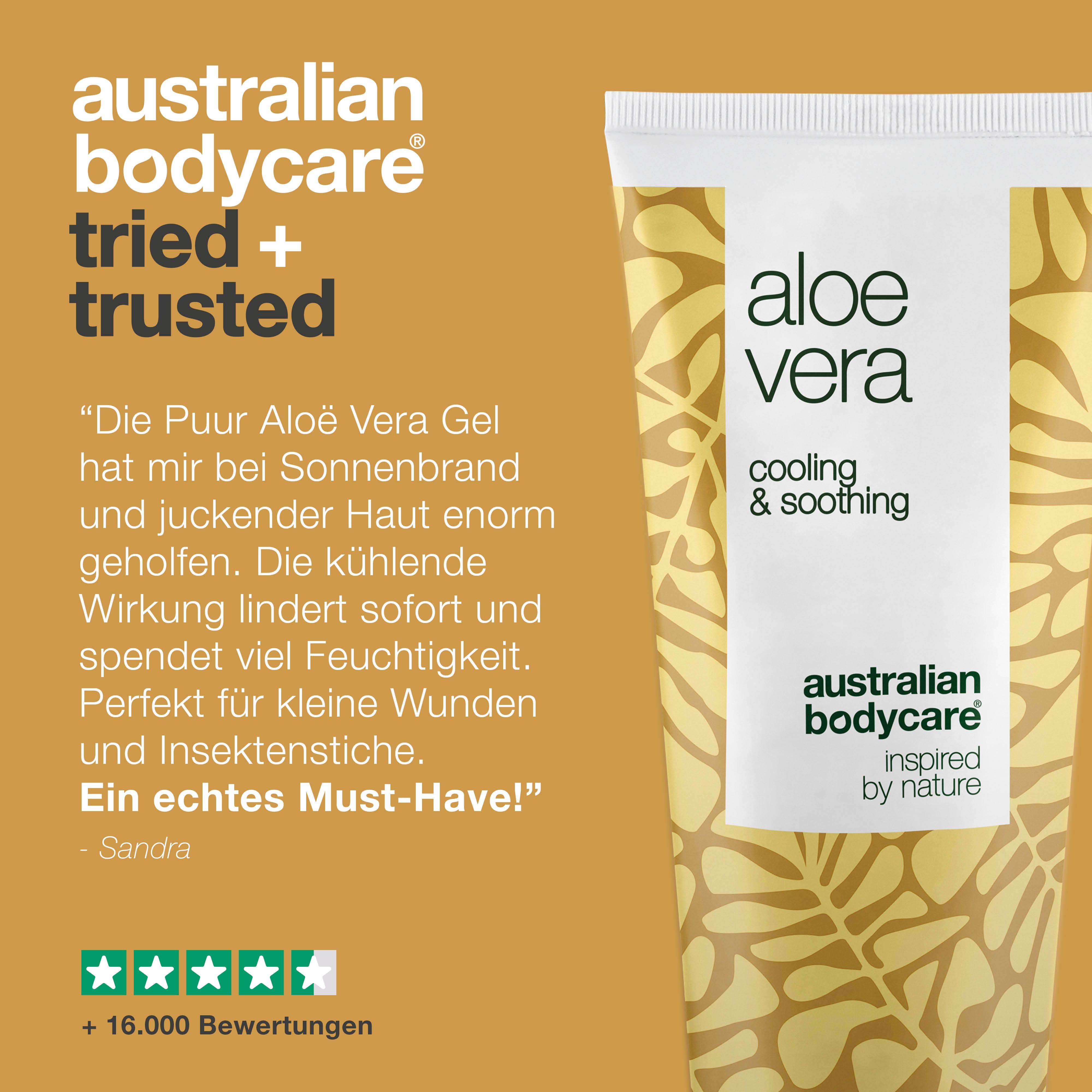 Aloe Vera Gel, Text: cooling & soothing, Australian Bodycare. Zitat: hilft bei Sonnenbrand.